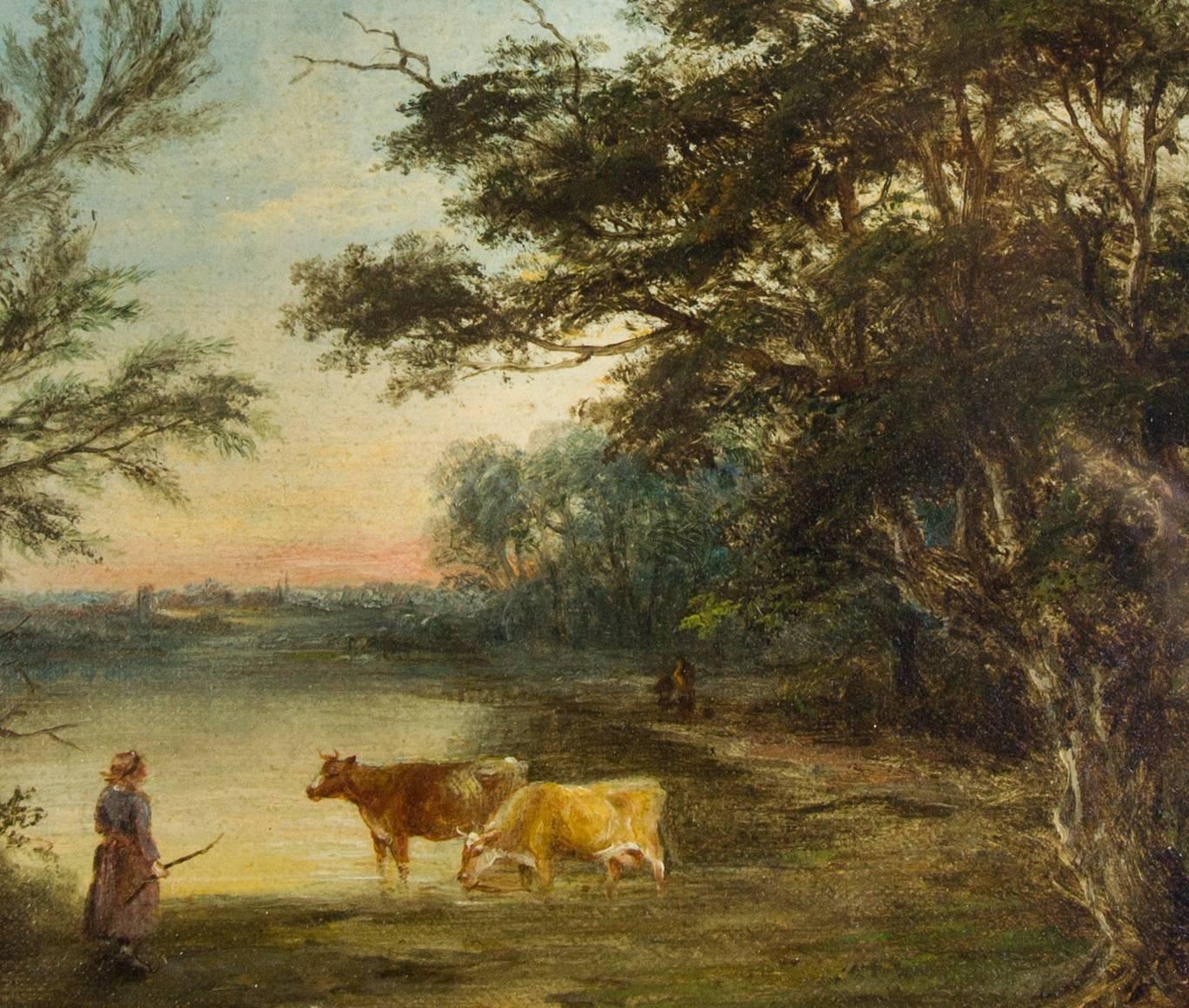 A fine 19th Century oil painting of a woman and her cattle by a lake, in a classical landscape. By the highly regarded Victorian painter Robert Burrows (1810-1883), signed by the artist to the lower centre. Excellently presented in a period gilt