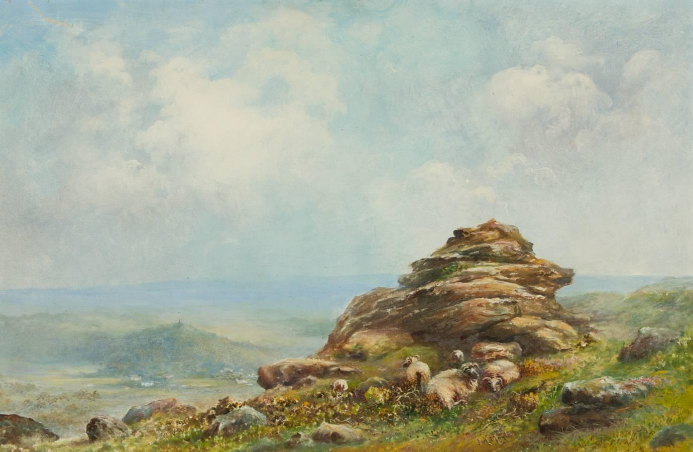 An impressive large early 20th century oil painting signed by the British artist J.A. Moyle depicting a Dartmoor landscape. Sheep are resting and grazing by a rock formation and there is a village beyond. Presented in an ornate gilt frame with gilt