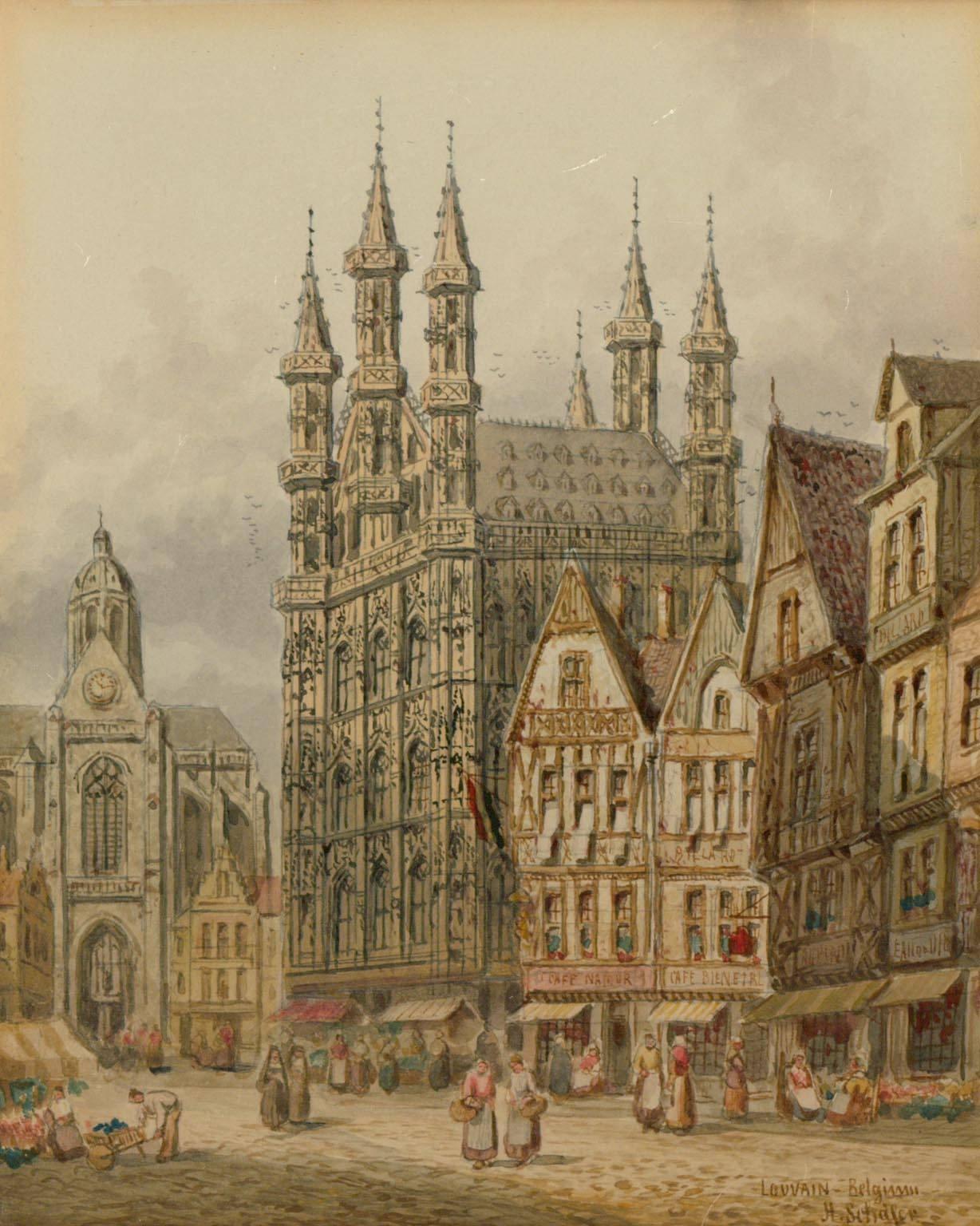 Henry Thomas Schaffer - Signed Victorian Watercolour, Louvain Market Scene 1