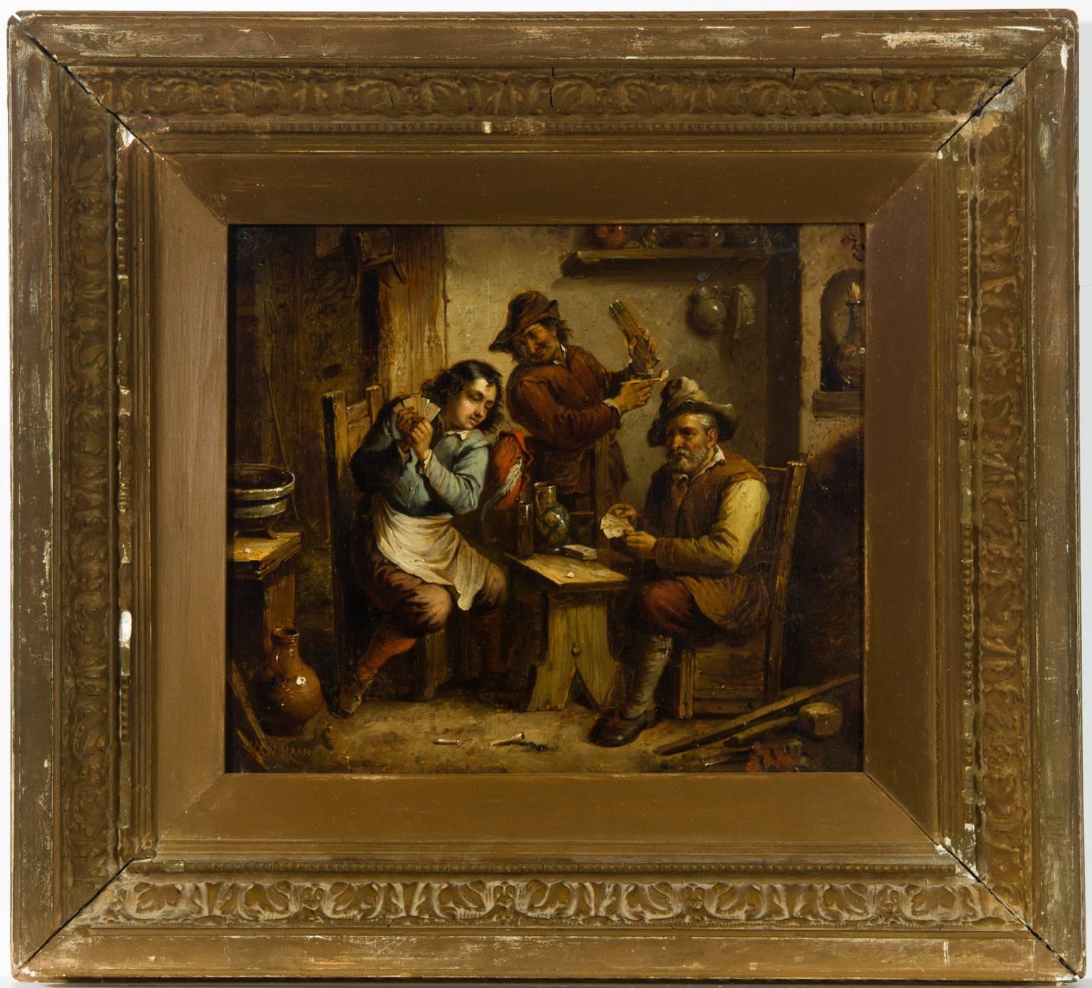 Unknown Interior Painting - Van Haan - 19th Century Signed Dutch Oil, Card Players