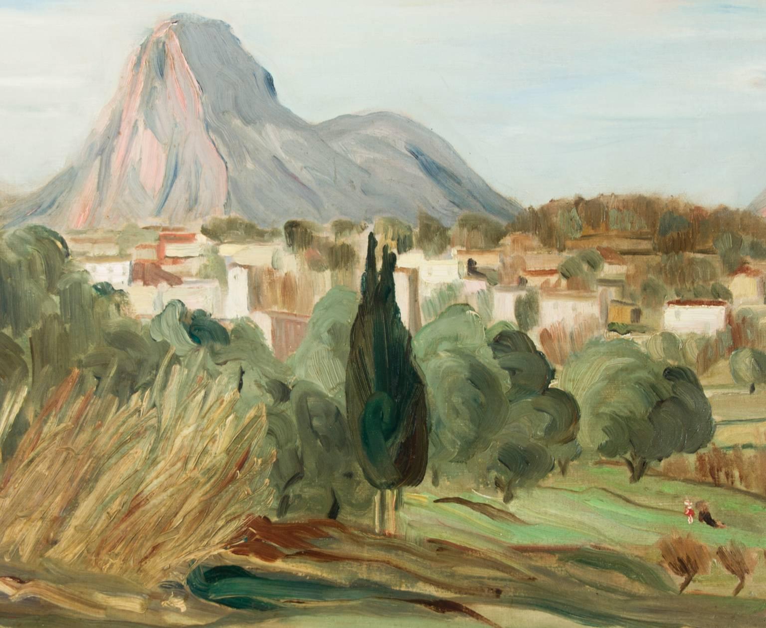 A 20th Century expansive mountainous landscape in oils, painted on canvas on stretchers. There is an indistinct signature in the lower right and a label on the reverse for Malcolm Talia, Westcott. The signature does seem to match those on record by