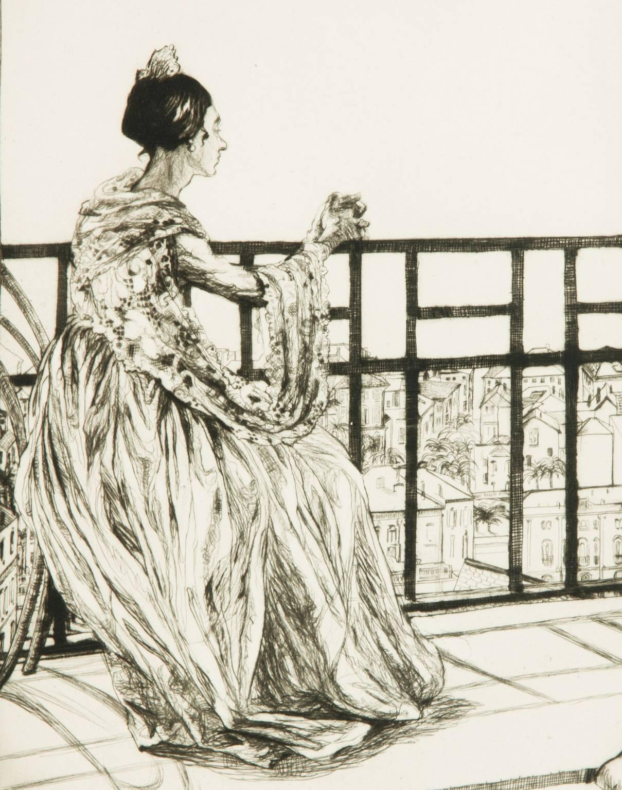 A beautiful signed mid 20th century drypoint etching by Ethel Gabain (1883-1950), depicting a French woman seated on a balcony. Presented in a card mount and gilt and black frame. Signed to the lower right by the artist. Etched onto wove