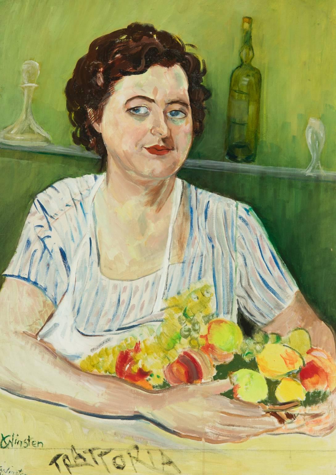 Clare Winsten (Clara Birnberg) Portrait Painting - Clare Winsten (1894-1989) - Signed 1961 English Oil, Portrait of Lady With Fruit