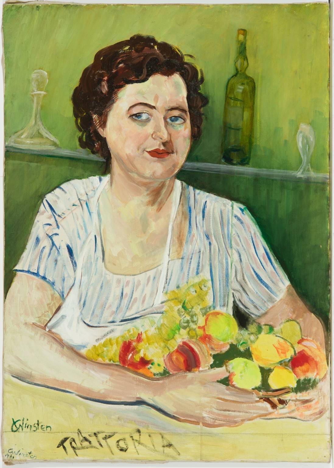Clare Winsten (1894-1989) - Signed 1961 English Oil, Portrait of Lady With Fruit - Painting by Clare Winsten (Clara Birnberg)
