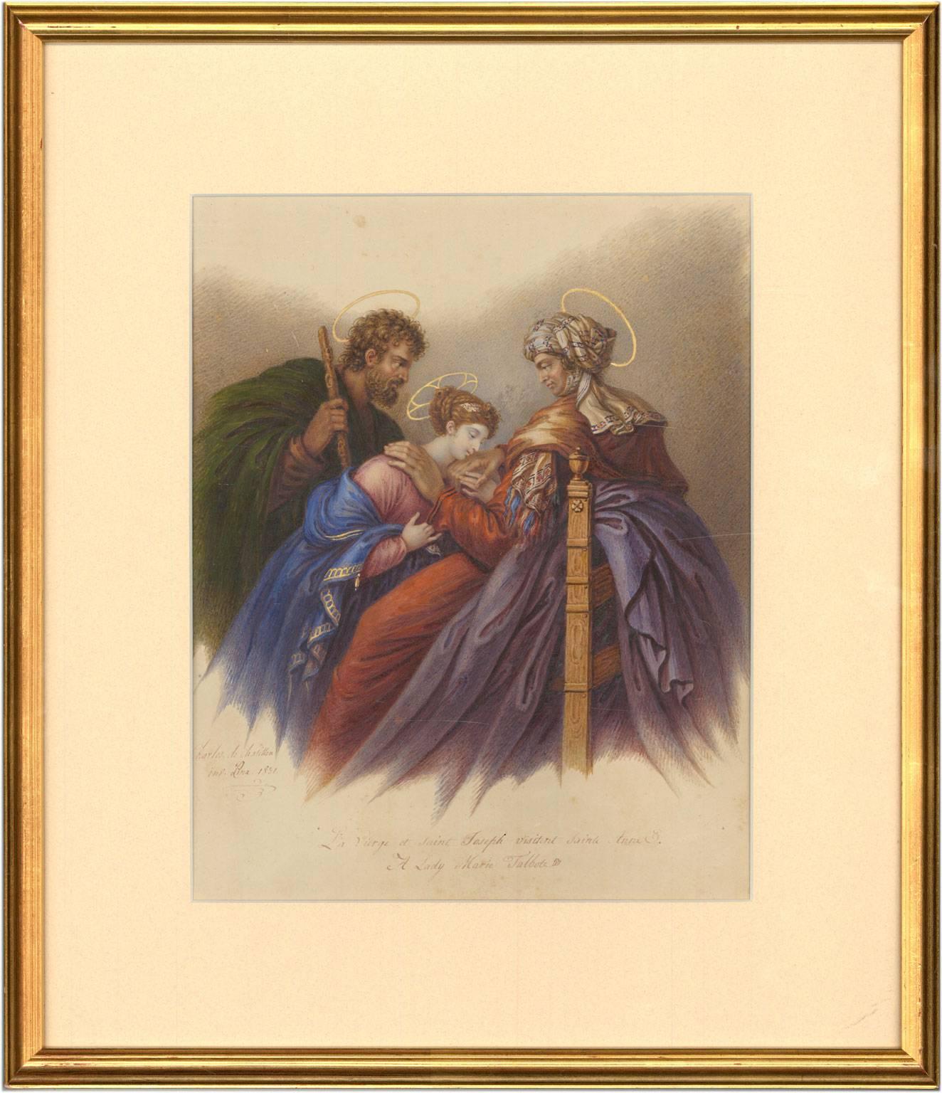 A finely executed 19th century French watercolour of The Virgin and St. Joseph visiting St. Anne. By the Frnech painter Charles de Chatillon (1777-1844), signed and dated 1831 to the lower left. Inscribed to lower margin "La Vierge et Saint Joseph