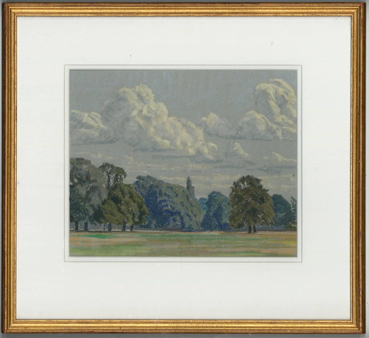 A mid-late signed 20th century pastel depicting a woodland landscape by the British artist William Henry Innes (1905 - 1999). Exhibited in 1982 at St. Peter's Gallery, St. Albans, with an old exhibition label affixed verso. Very well presented in a