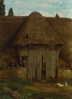 Antique Valentine Thomas Garland - Fine Signed Victorian English Oil, Thatched Cottage