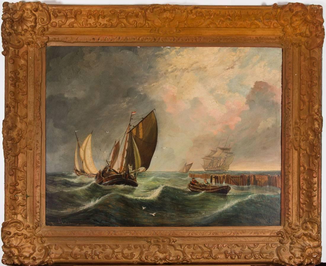 Unknown Landscape Painting - J.S. Wills - Large 20th Century Signed Nautical Oil, Ships on Rough Waters