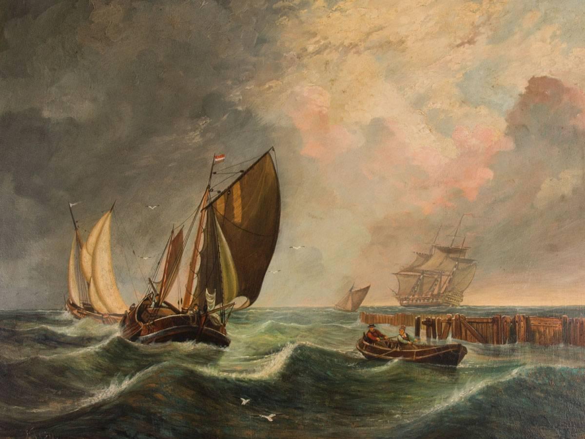 J.S. Wills - Large 20th Century Signed Nautical Oil, Ships on Rough Waters - Painting by Unknown