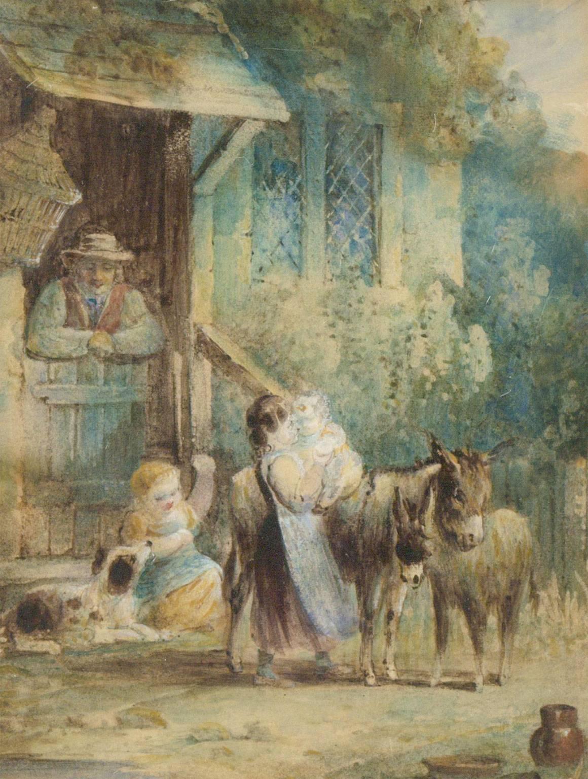 A 1823 English framed watercolour by Richard Westall RA (1965-1836) A charming watercolour depicting children and donkeys outside a cottage. One child sits with a dog whilst their father leans out of a doorway. In a blue card mount and double sided