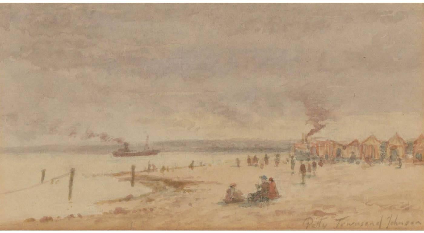 A late 19th Century English watercolour depicting a beach scene with figures, painted by Patty Townsend-Johnson (1847-1907). A beautiful beach scene, with figures promenading, beach huts beyond and a steam ship coming in. This picture is very well
