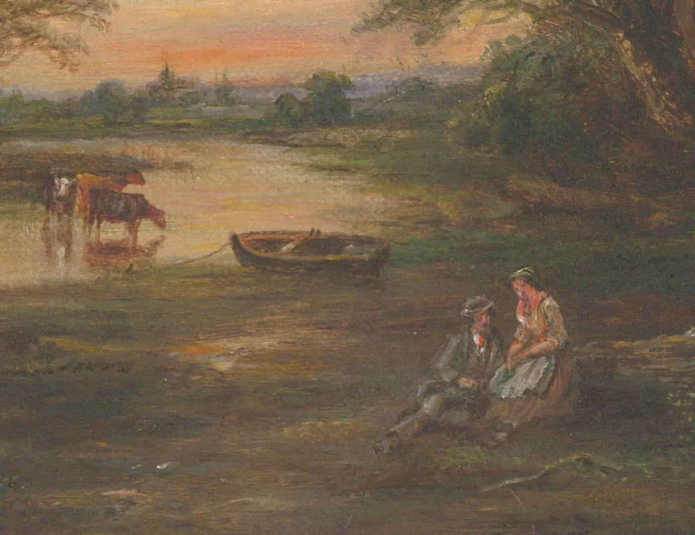 A fine English late 19th Century oil painting by Robert Burrows (1810-1883) depicting a couple resting by a river, with a moored rowing boat and cattle beyond. Signed to the lower centre, painted on a Rowney & Co. London canvas, unframed.

