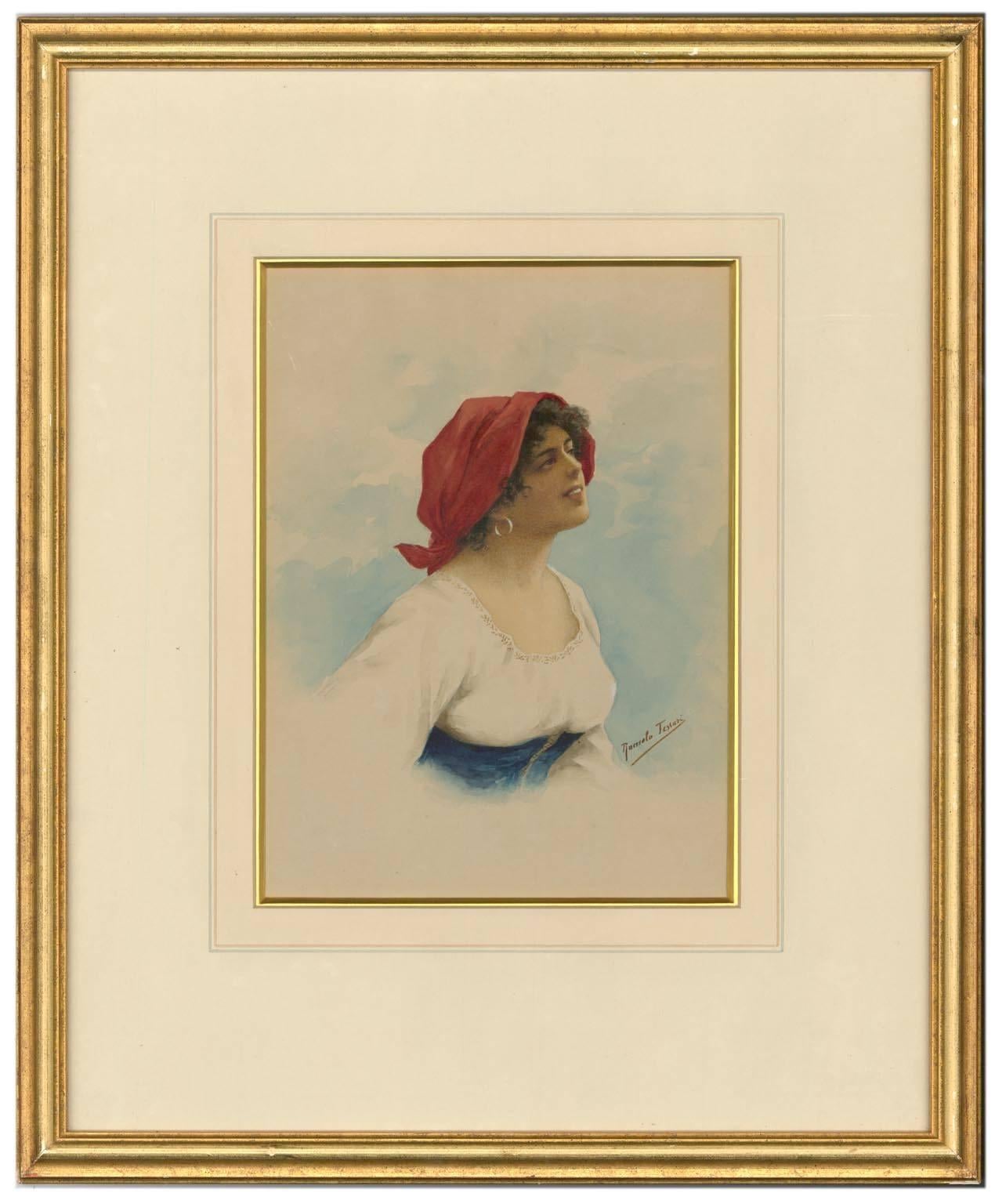 A very fine signed watercolour portrait by the well listed Italian artist Romolo Tessari (1868-1947). Presented in a washline mount and gilt frame. Signed in the lower right quadrant, painted on wove paper.

Image size: 26 x 19.5cm (10.2" x 7.7")