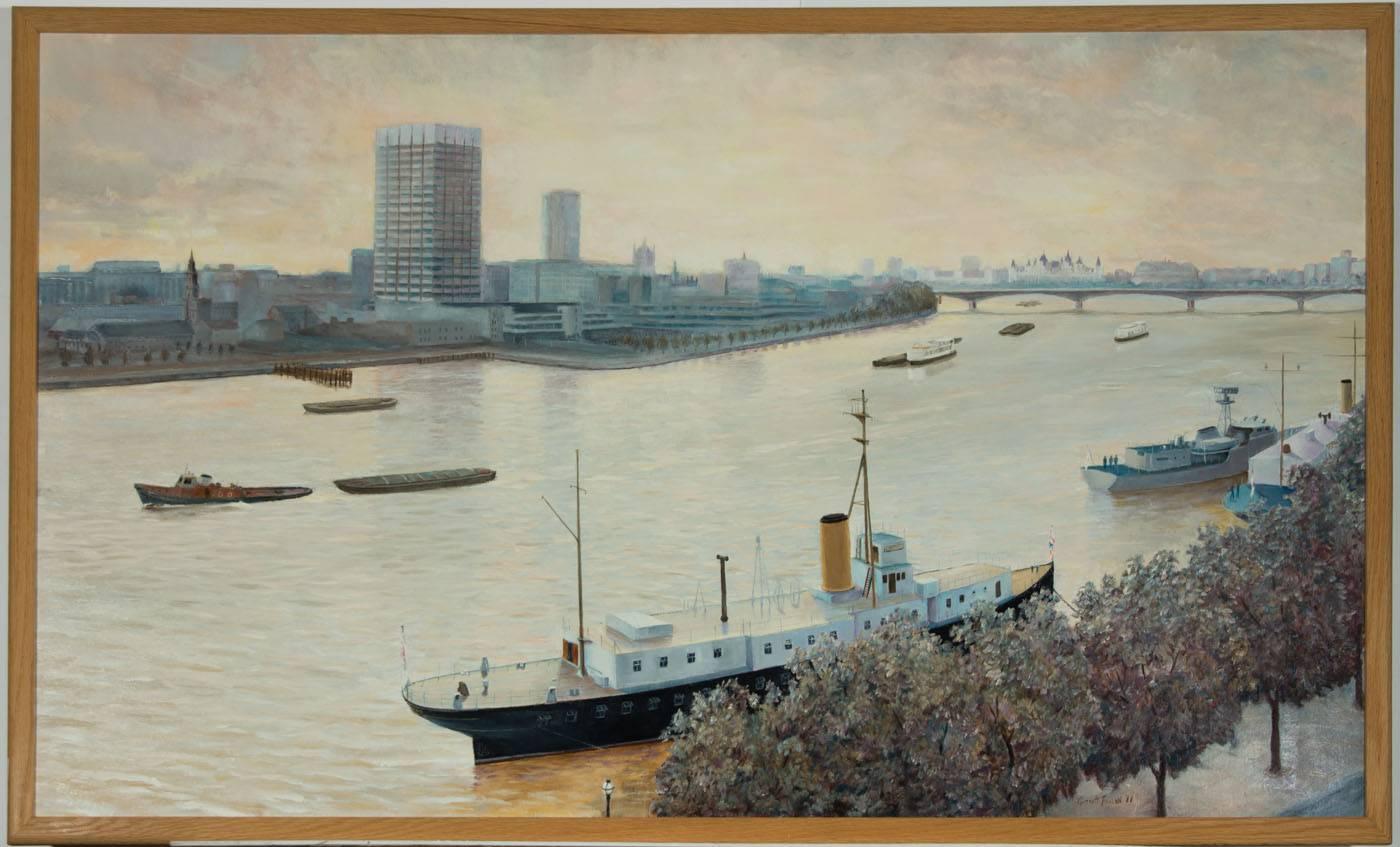 A large 1988 oil painting of a London view by Garrett Fallon, signed and dated to the lower right.  The full title is 
"The Thames at Waterloo Bridge- View from Lord Rothermere
s Window" which is inscribed verso. Presented in a simple wooden frame.