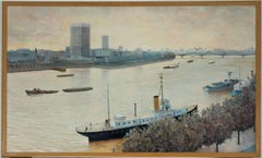 Garrett Fallon - Large Signed 1988 London Oil, The Thames at Waterloo Bridge