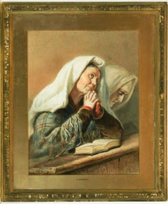 Carl Goebel (1824-1899) - Signed & Framed Austrian Watercolour, Nuns at Prayer