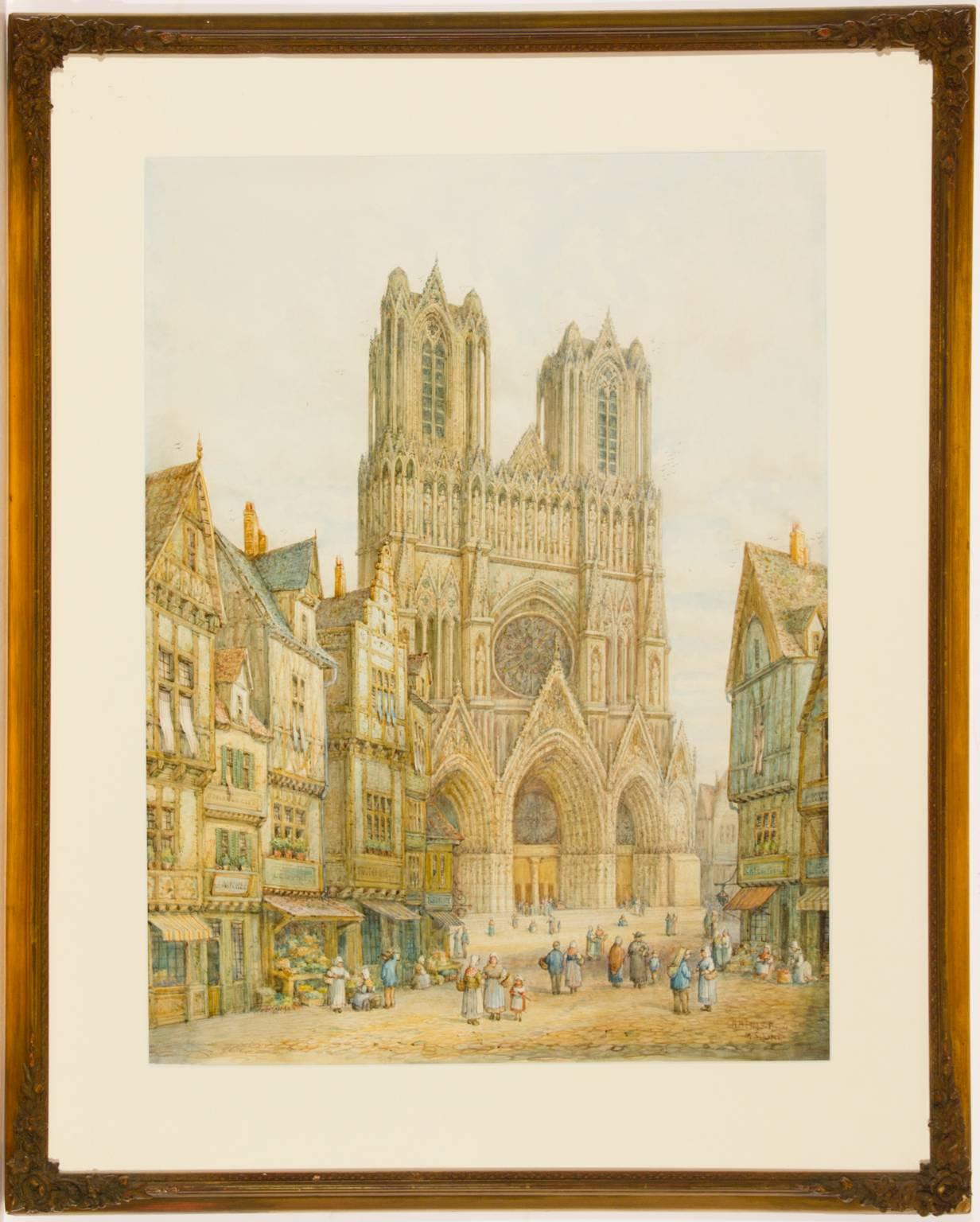 Henry Thomas Schaffer Landscape Painting - Henry Thomas Schafer - Signed Victorian Watercolour, Rheims Cathedral, France