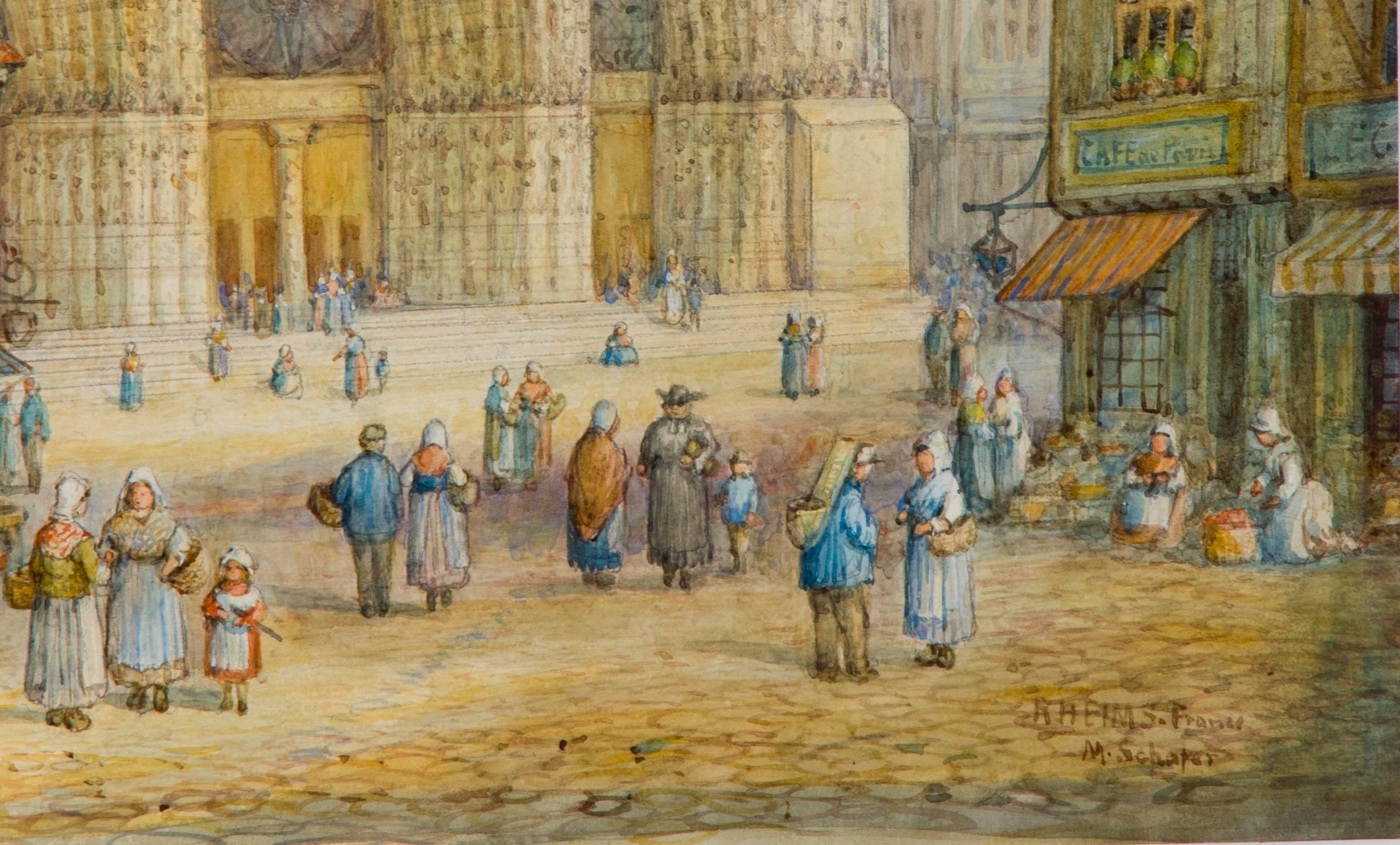 Henry Thomas Schafer - Signed Victorian Watercolour, Rheims Cathedral, France - Painting by Henry Thomas Schaffer