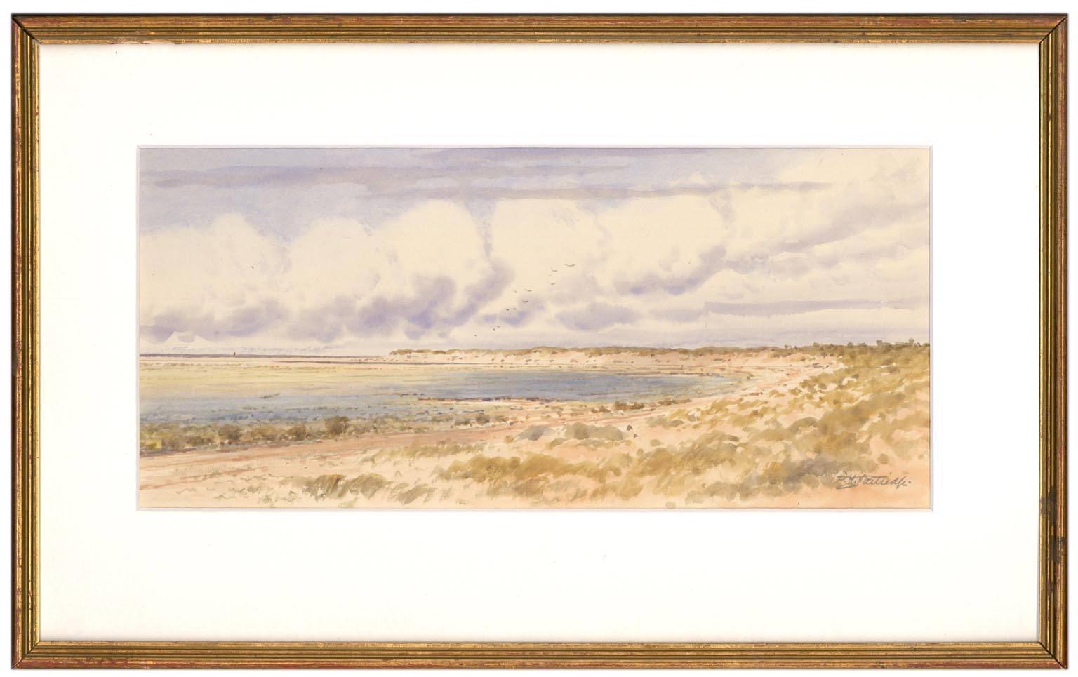 A beautiful signed coastal view of a Cornish beach near Harlyn Bay in Padstow by Frank H. Partridge (1849-1929). Painted on wove and excellently presented in a card mount and simple gilt frame. Signed in the lower right.

Image size: 16.5 x 36cm