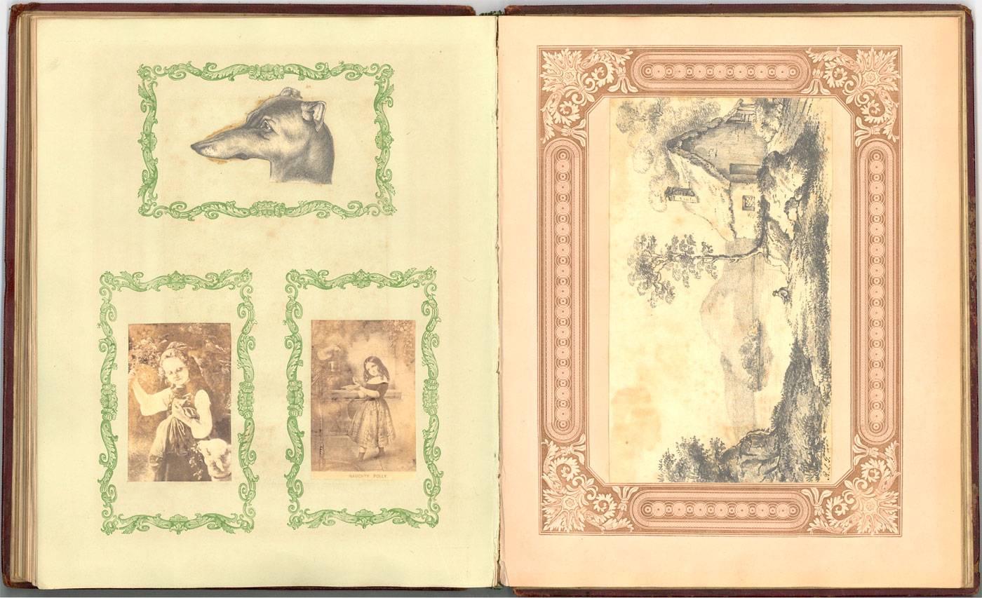 An interesting 19th century album containing some very fine graphite drawings and watercolours as well as various prints. Please message for further images. With an embossed leather cover. There are about 25 graphite studies and a handful of