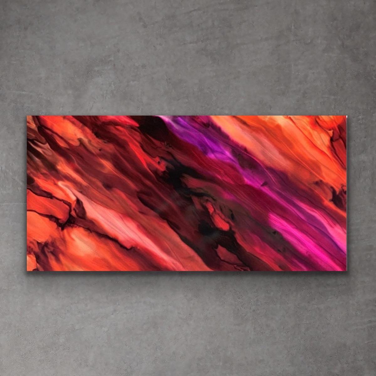 This contemporary abstract painting include warm tones of red, orange, fuchsia, and purple. Printed on a lightweight metal composite, your artwork arrives ready to hang. The automotive high-gloss clear coat offers both UV protection and high-end