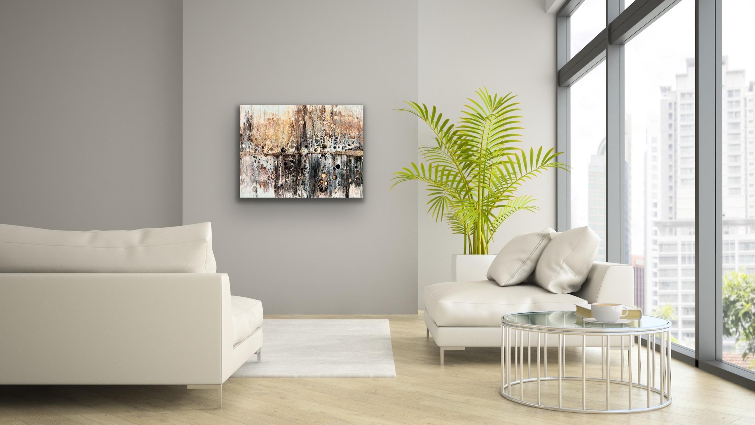 This contemporary abstract painting include warm tones of gold, copper, brown, black, and white. Printed on a lightweight metal composite, your artwork arrives ready to hang. This vibrant composition can be hung both indoor and outdoor as it is