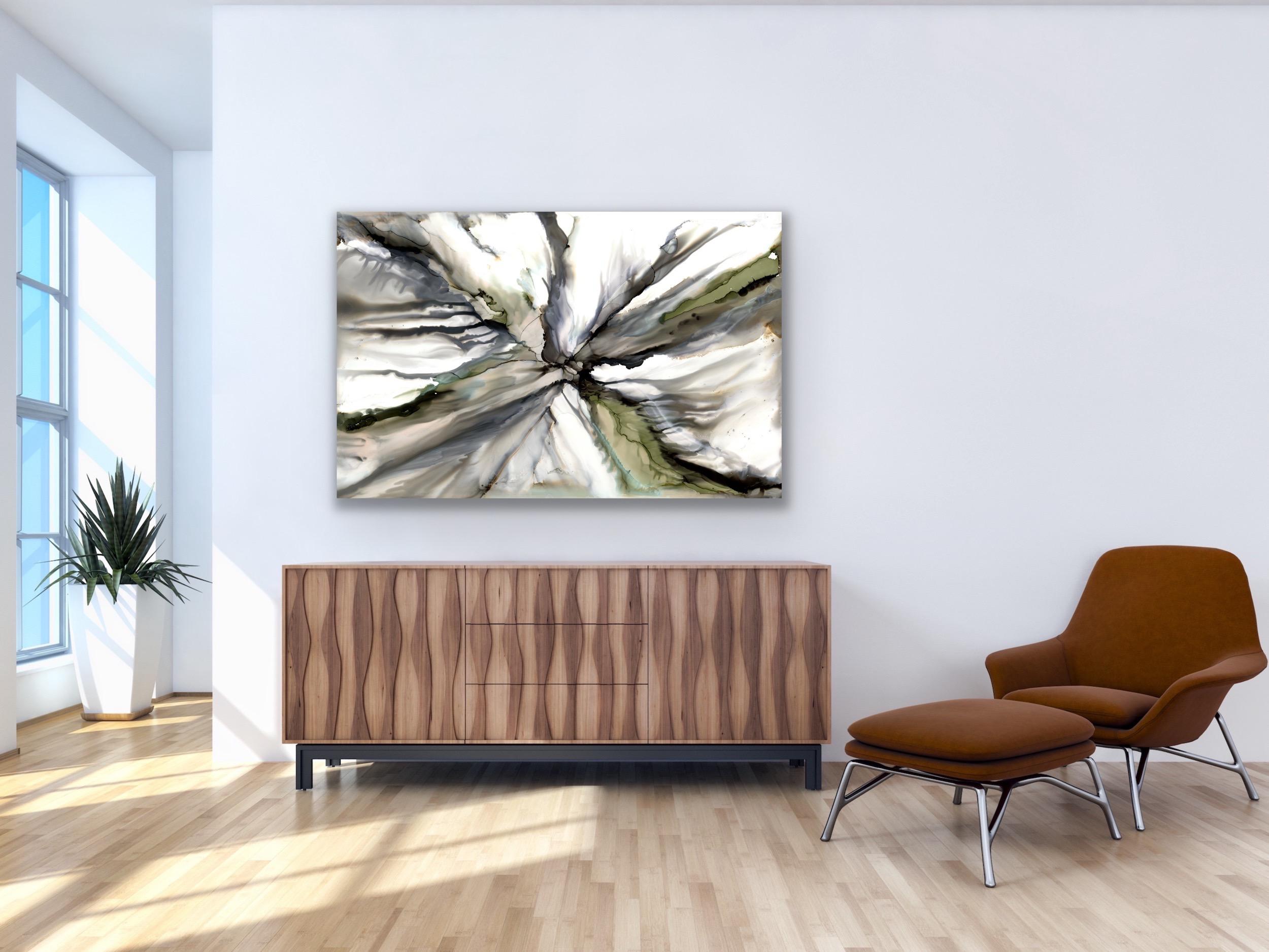 This contemporary abstract painting include warm tones of green, gray, black, and white. Printed on a lightweight metal composite, your artwork arrives ready to hang. The automotive high-gloss clear coat offers both UV protection and high-end modern