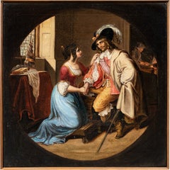 Italian Romantic painter - 19th century Lady and Musketeer interior