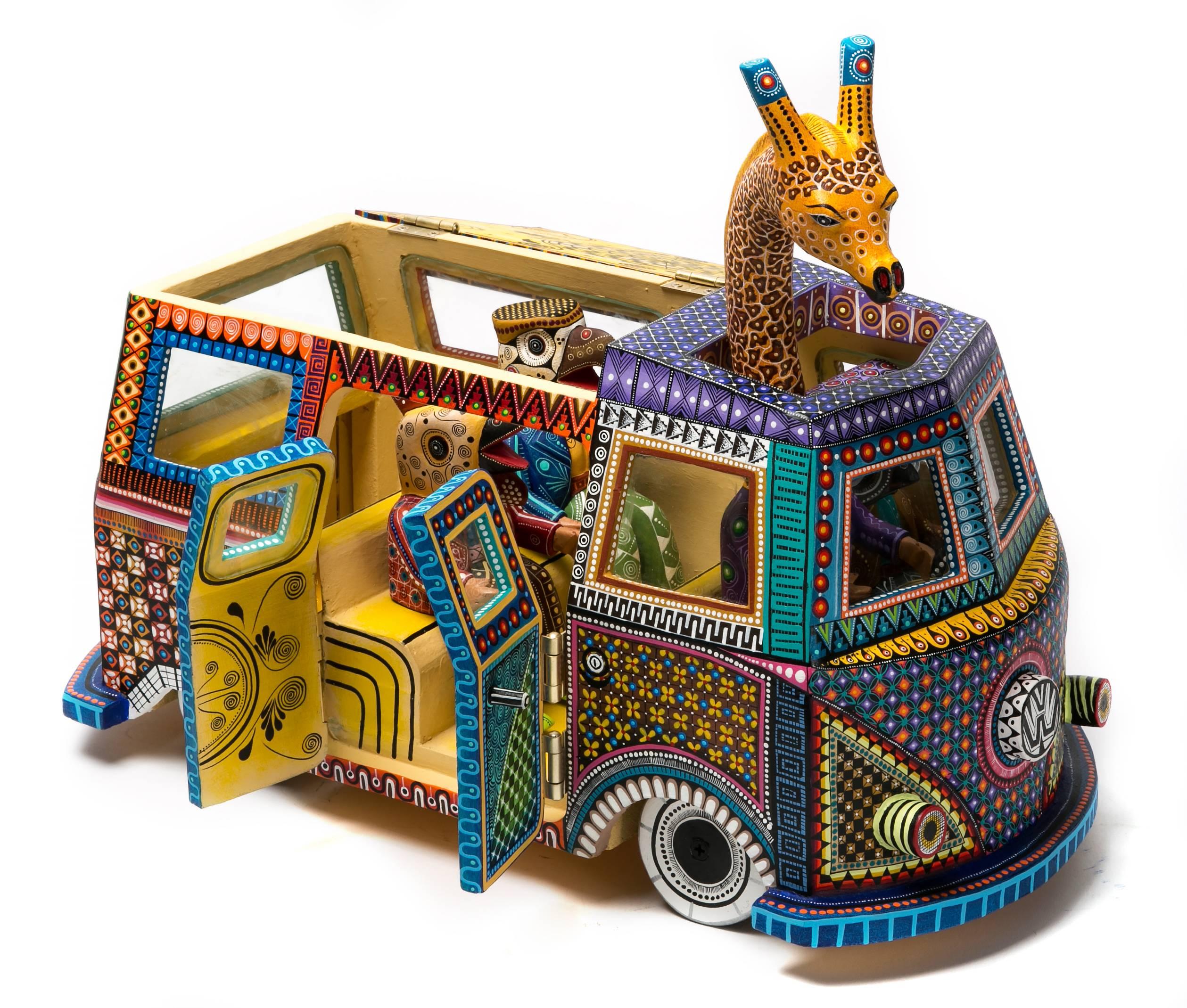 Manuel Cruz Prudencio  Abstract Sculpture - Wood carving Alebrije Sculpture Mexican Folk Art "Combi con Animales"