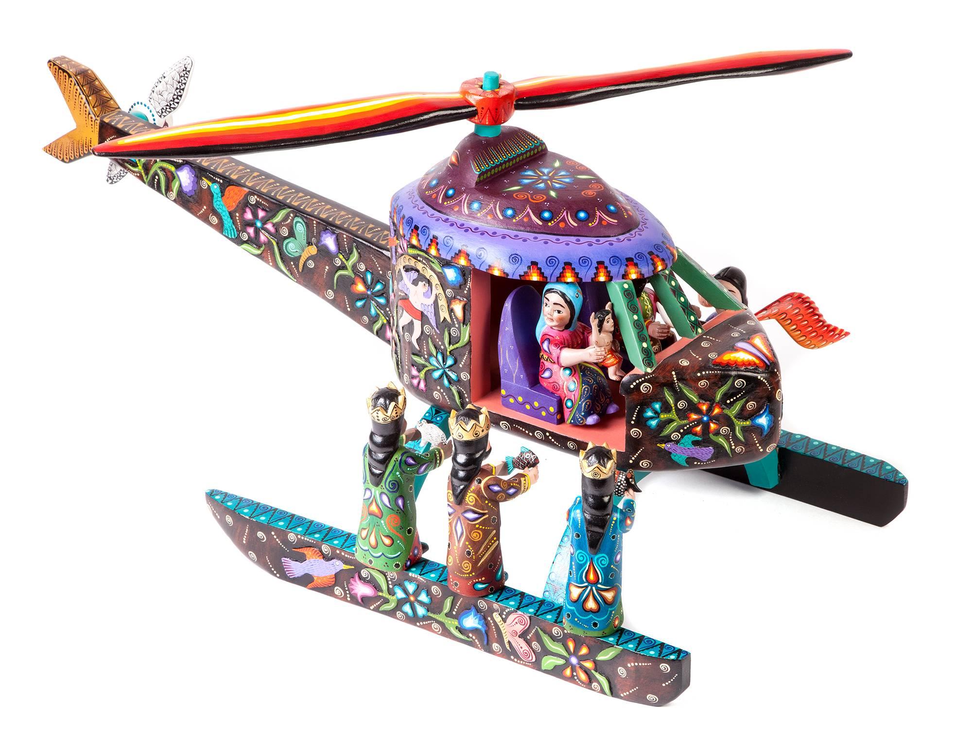 Agustin Cruz Prudencio Abstract Sculpture - 16'' Wood carving Nativity Helicoptero Mexican Folk Art