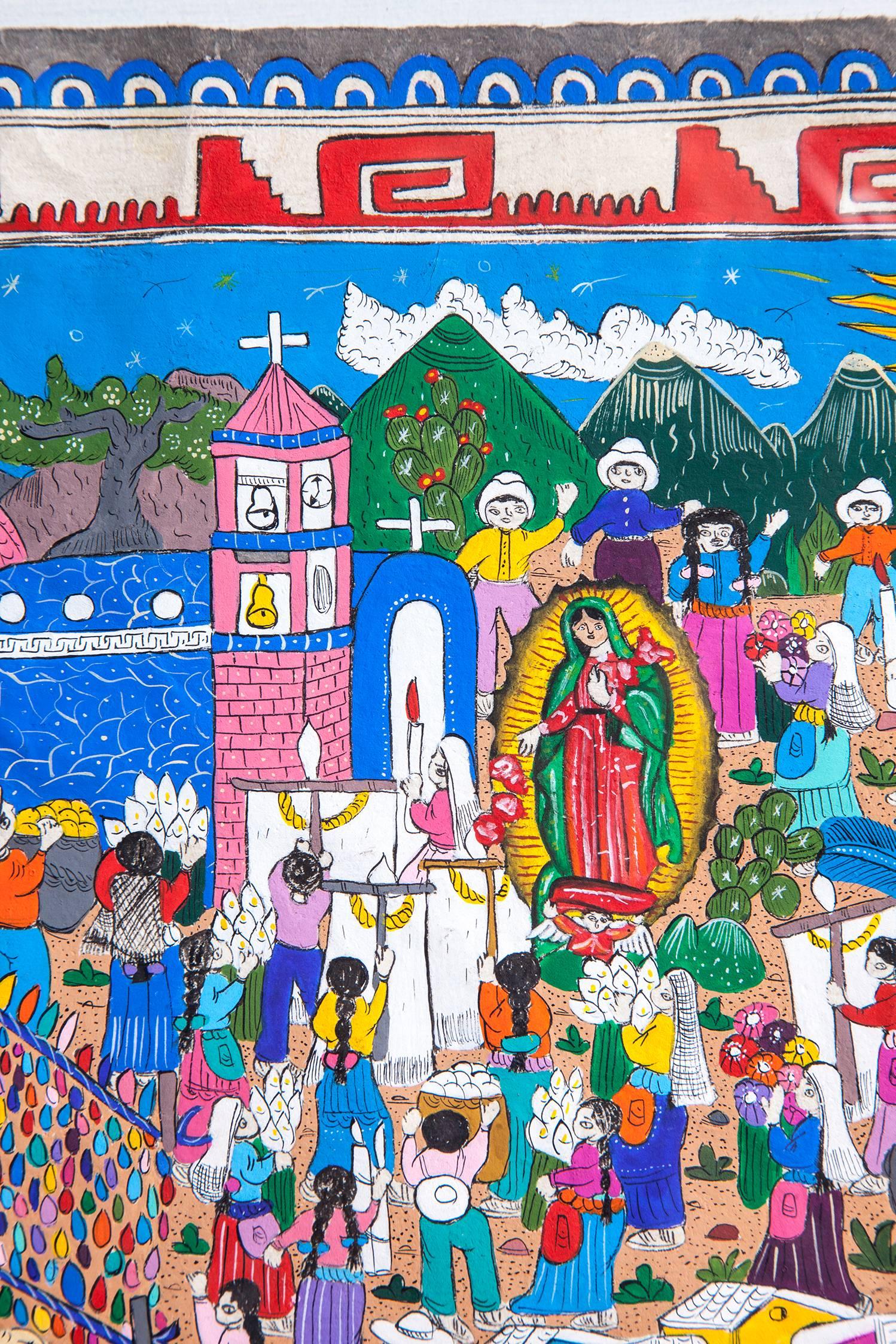 Cadre de peinture d'art populaire mexicain en papier amate Festividades Virgen de Guadalupe / Amate - Art de Alejandro Diaz Nava