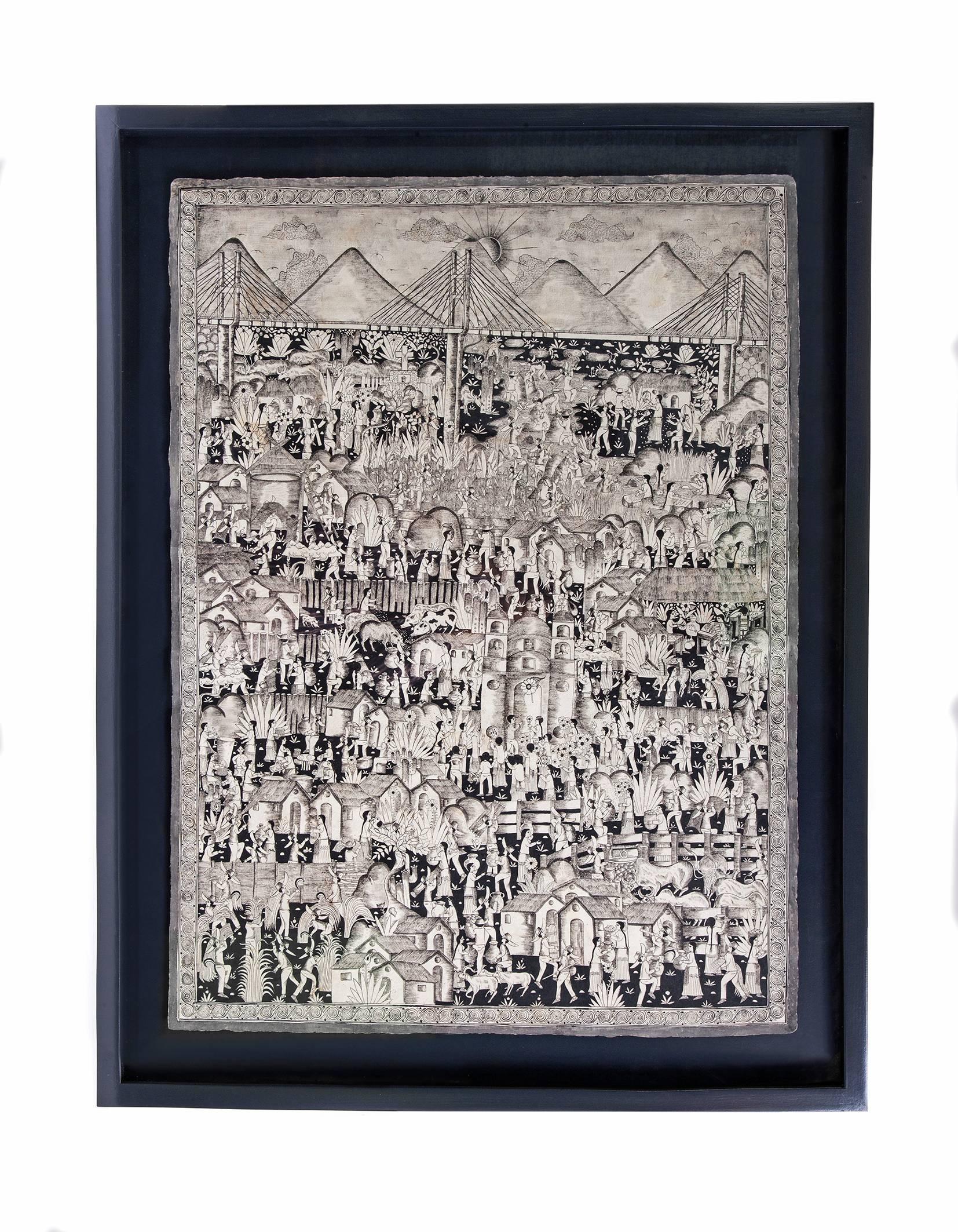 Alejandro Diaz Nava Abstract Drawing - Vista de Xalitla / Amate Paper Mexican Folk Art Painting Frame