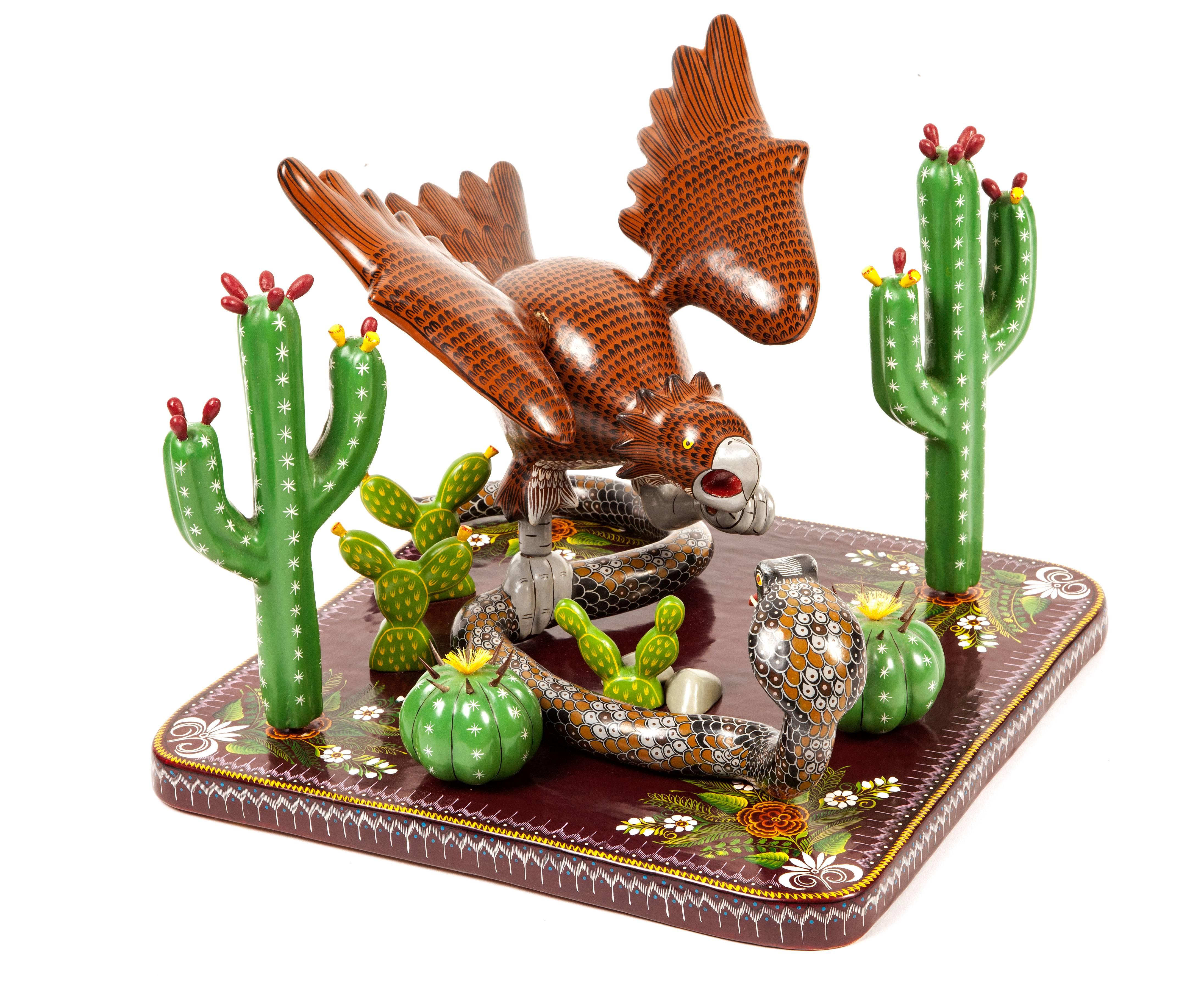 Juan Zeferino Rivera Figurative Sculpture - 12'' Aguila Real / Wood carving Lacquer Sculpture Mexican Folk Art