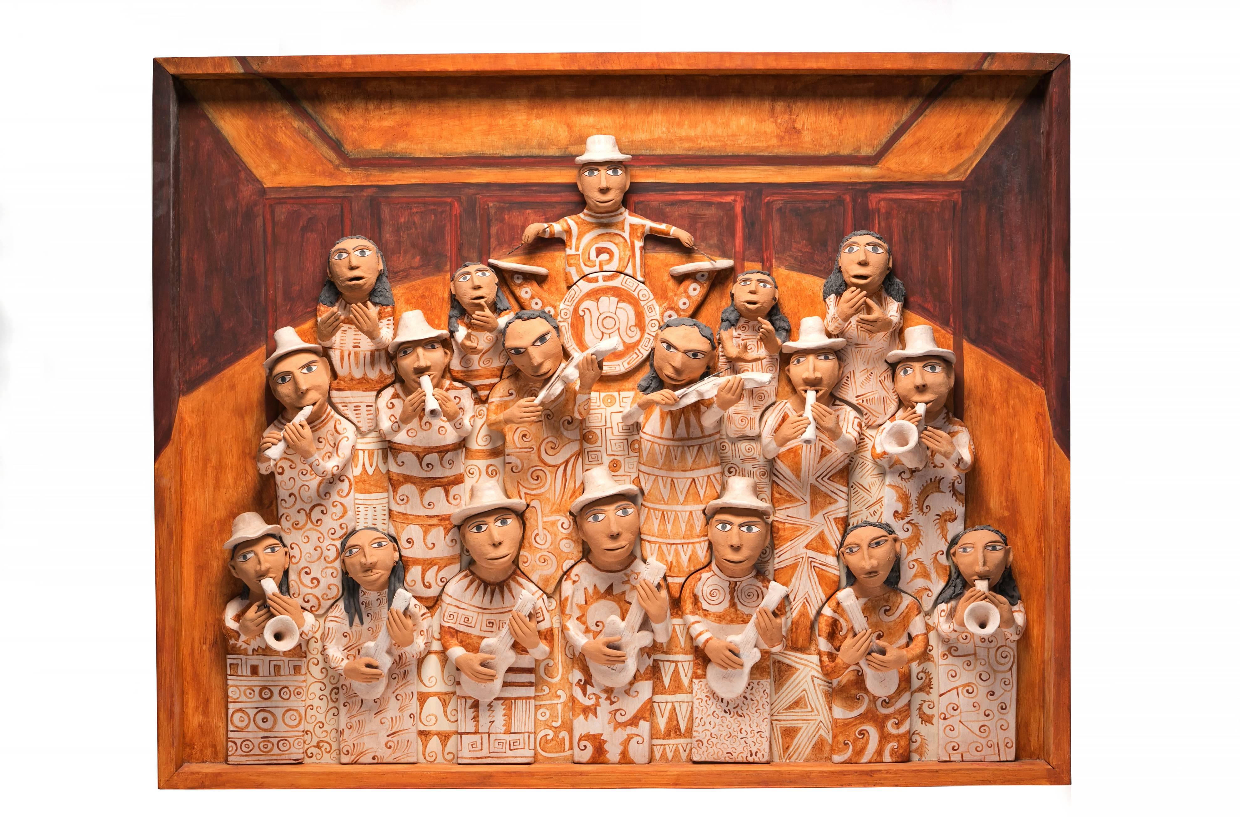 Manuel David Reyes Ramirez Figurative Sculpture - 39'' La Banda de Yanhuitlan / Ceramics Mexican Folk Art Clay Frame