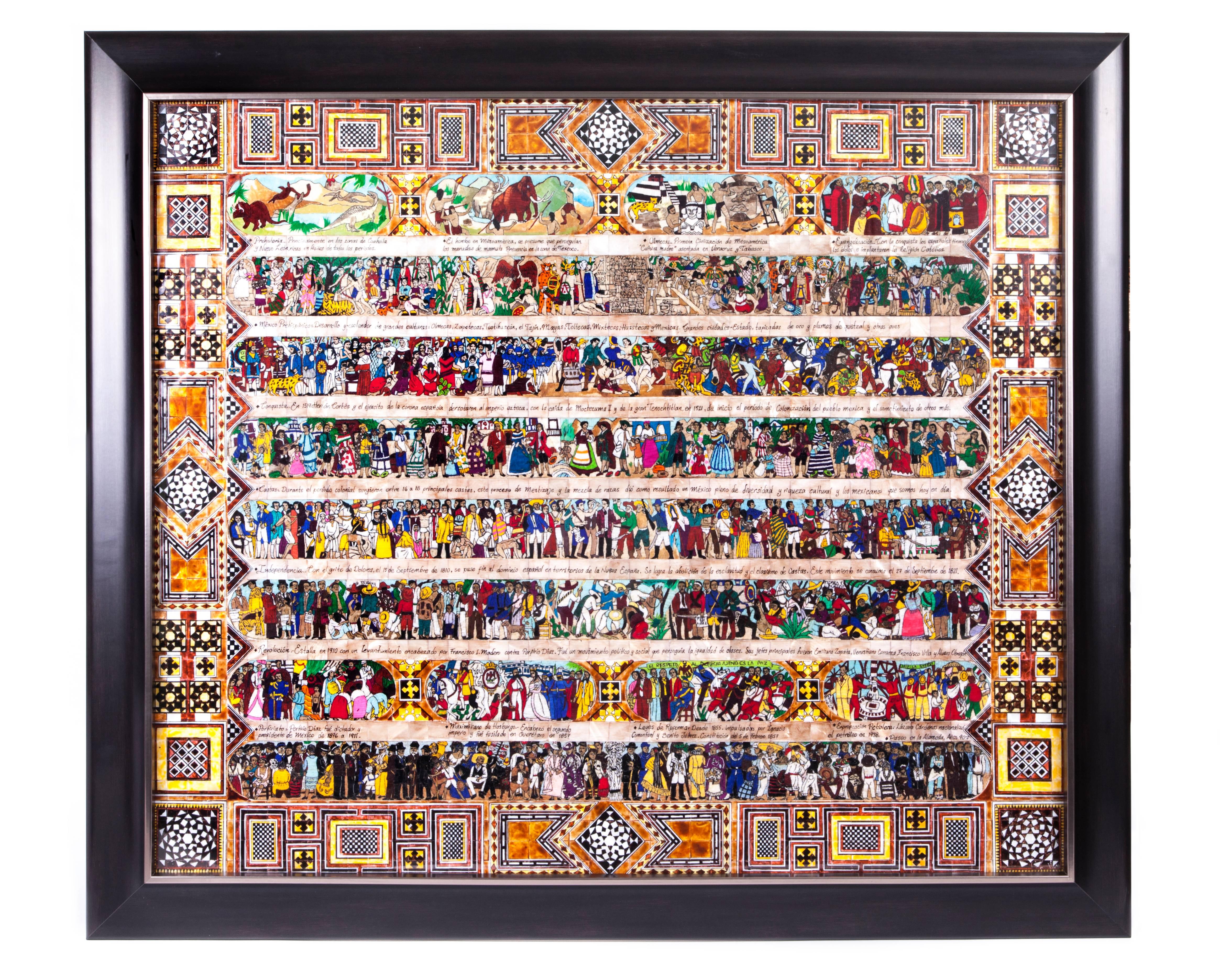 43'' La Historia de Mexico / Mexican Folk Art Featherwork and Inlay Nacre Frame - Mixed Media Art by Marcelino Eduardo Sanchez Rodriguez