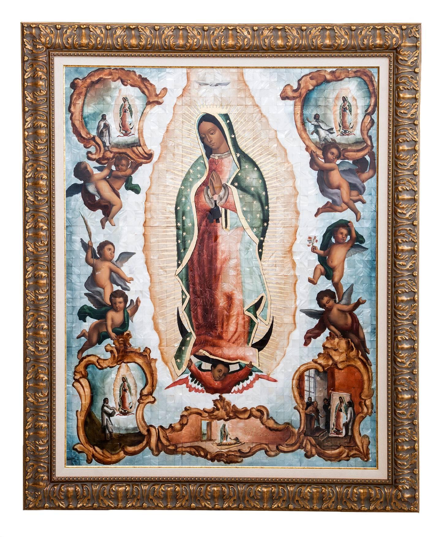 Marcelino Eduardo Sanchez Rodriguez Figurative Painting - 39'' Virgen de Guadalupe Colonial en Concha / Mexican Folk Art Inlay Nacre Frame