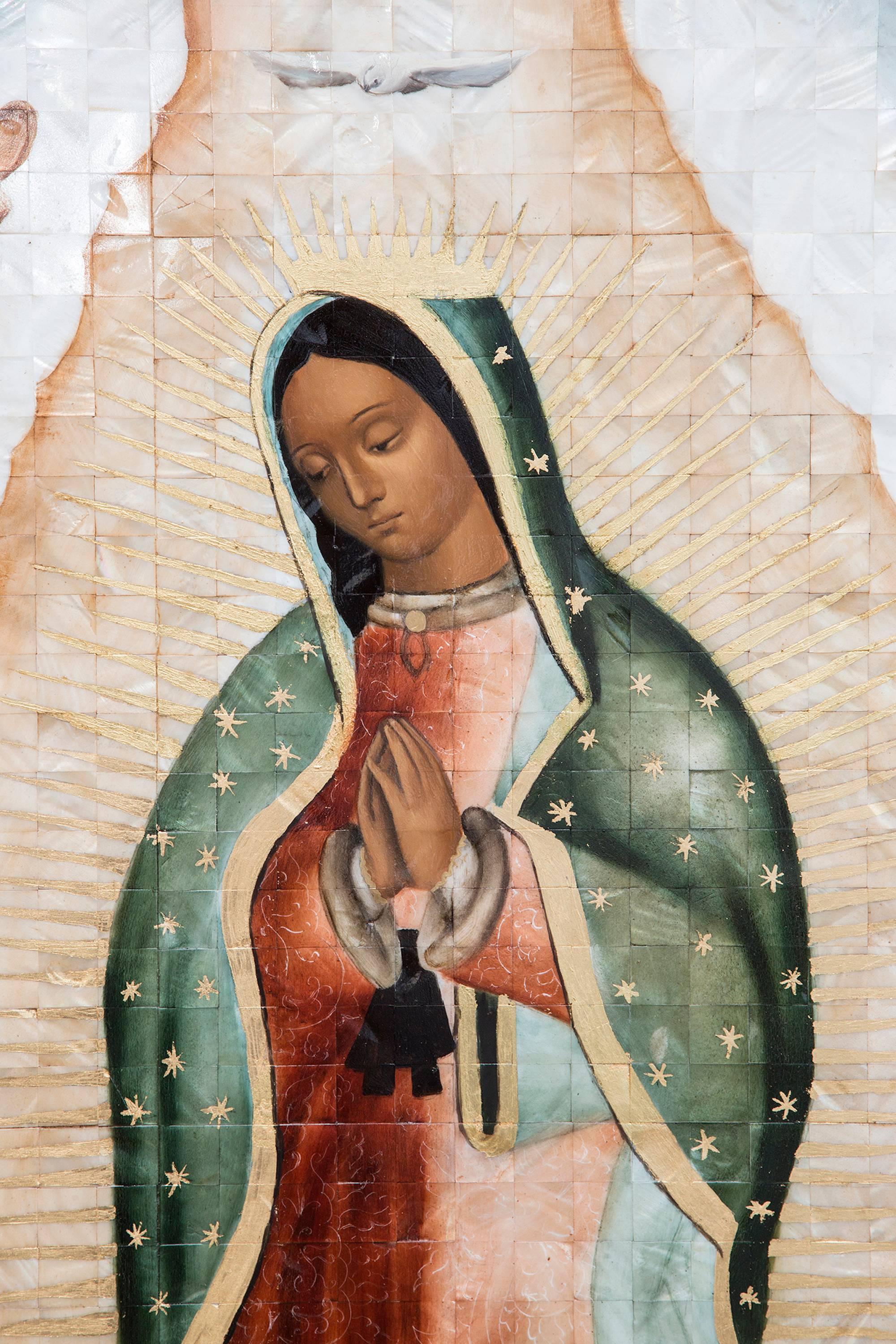 39'' Virgen de Guadalupe Colonial en Concha / Mexican Folk Art Inlay Nacre Frame - Painting by Marcelino Eduardo Sanchez Rodriguez