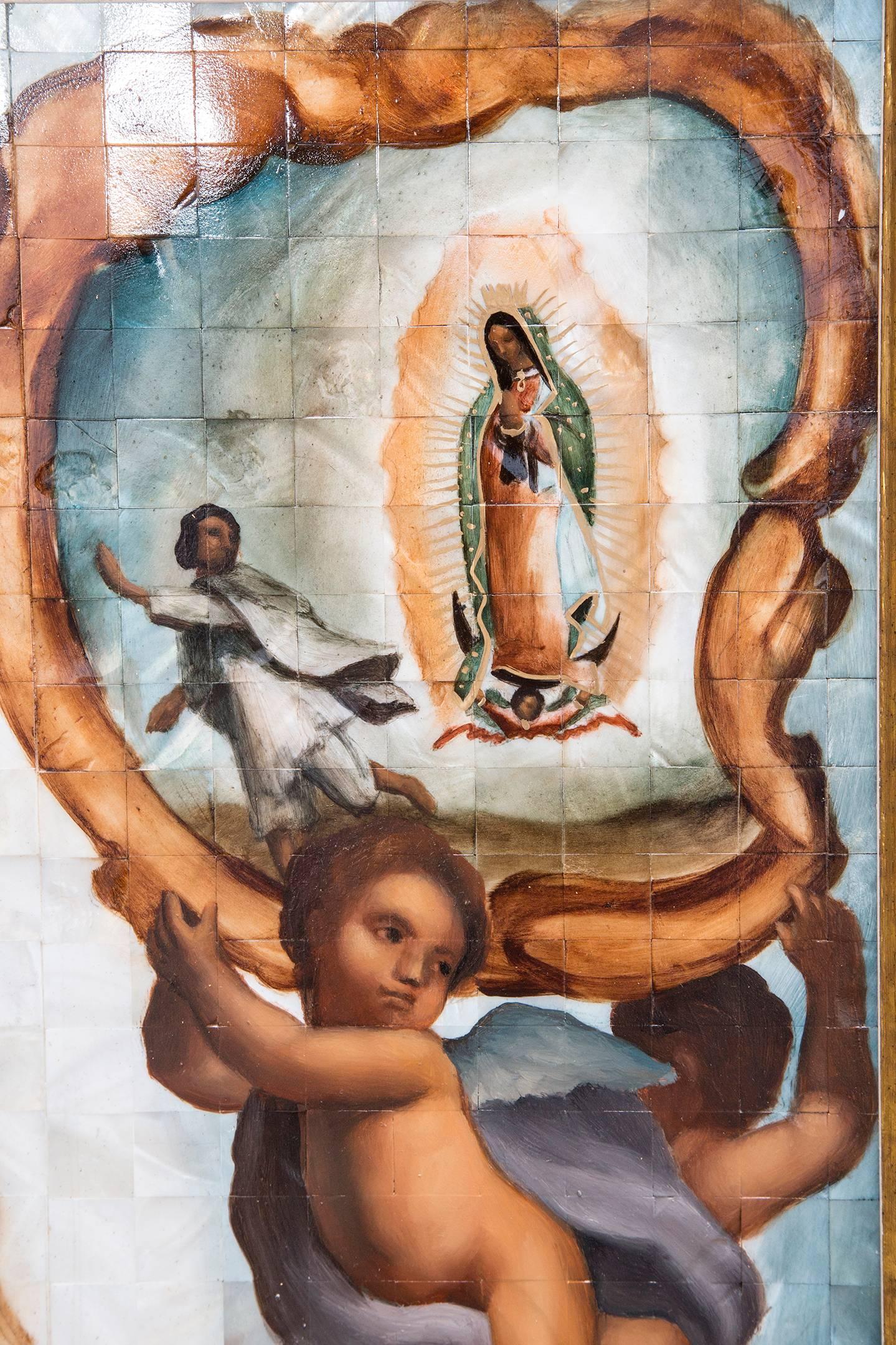 39'' Virgen de Guadalupe Colonial en Concha / Mexican Folk Art Inlay Nacre Frame - Brown Figurative Painting by Marcelino Eduardo Sanchez Rodriguez