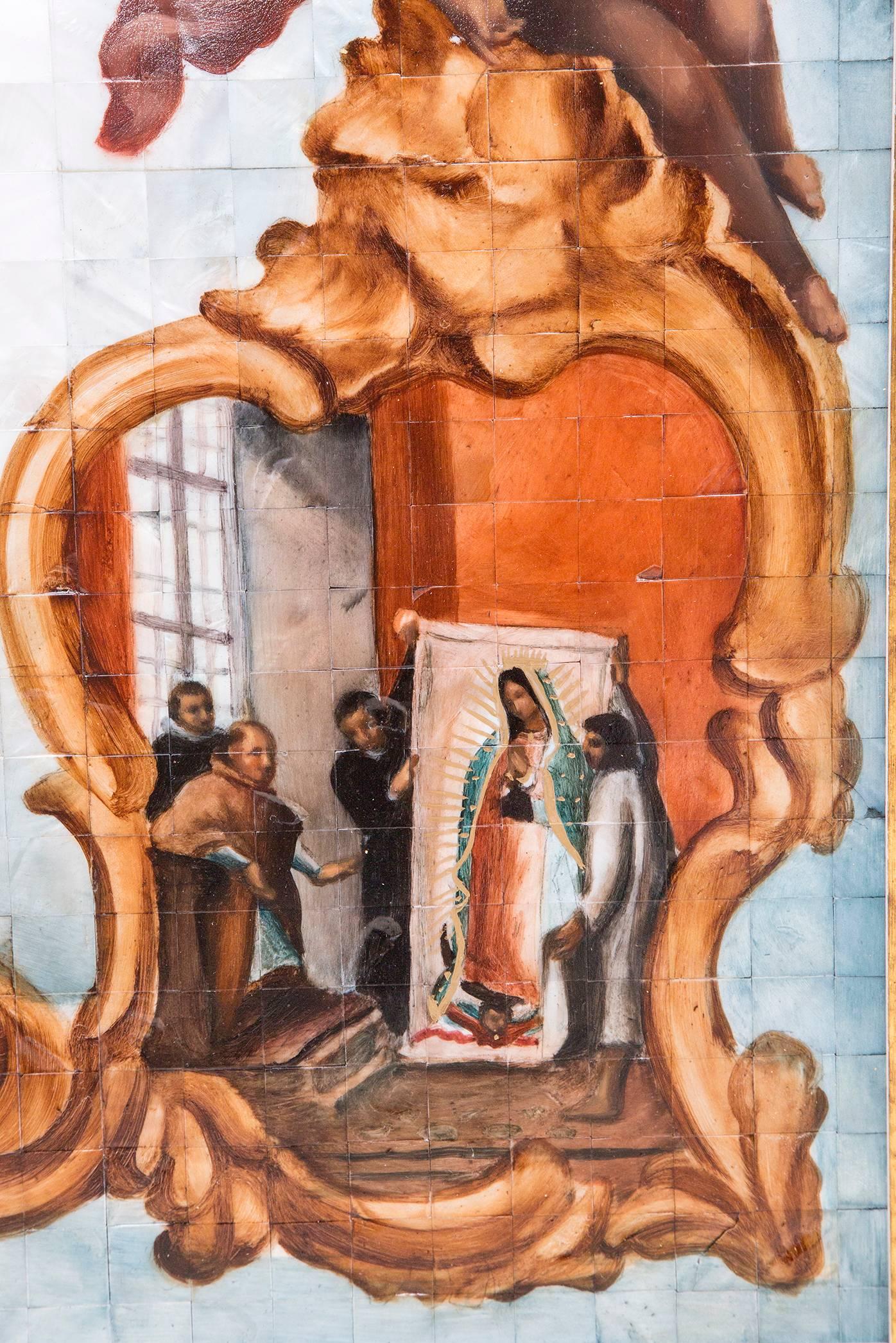 39'' Virgen de Guadalupe Colonial en Concha / Mexican Folk Art Inlay Nacre Frame 2