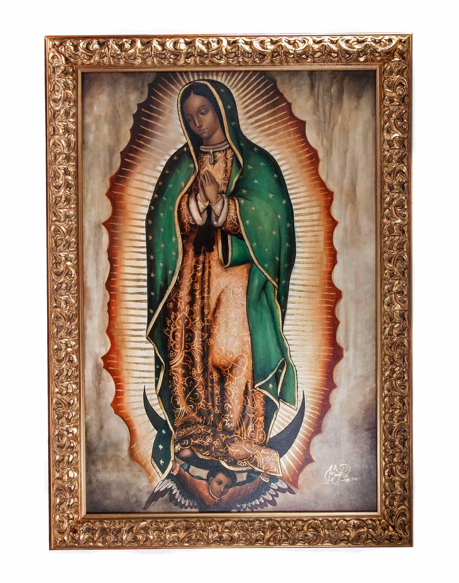 Marcelino Eduardo Sanchez Rodriguez Figurative Painting - 39'' Virgen de Guadalupe Tradicional / Mexican Folk Art Oil Painting Frame