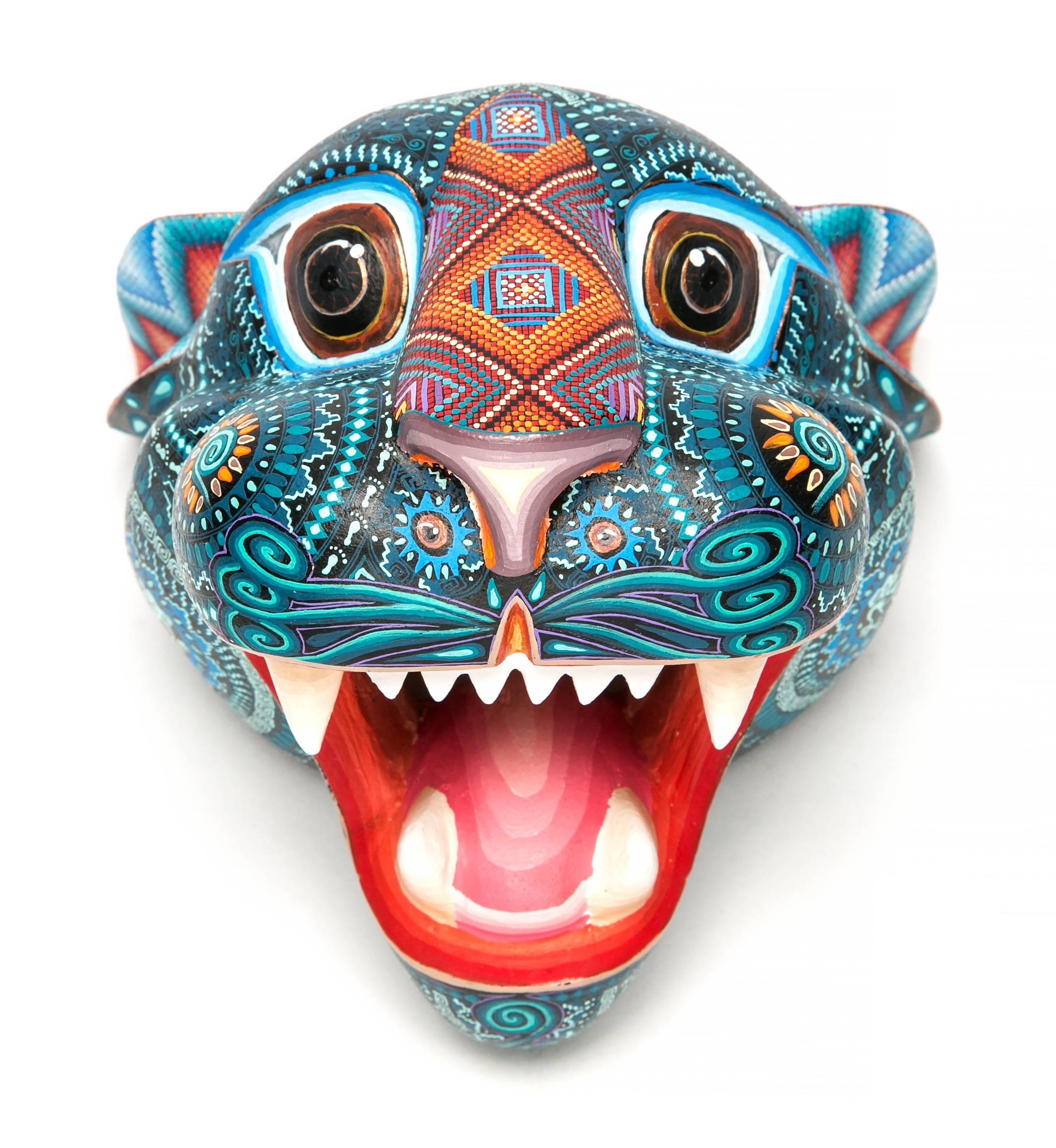 Taller Manuel Jimenez Abstract Sculpture - 5" Mascara Jaguar / Wood carving Alebrije Mexican Folk Art Sculpture