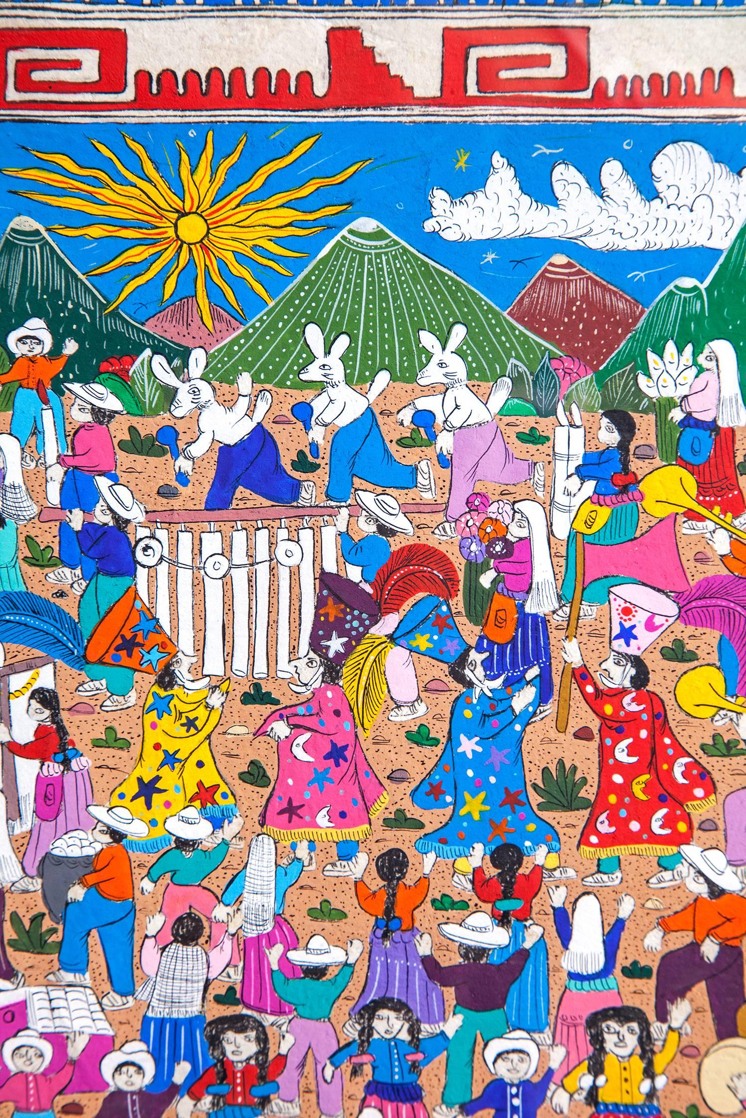 Cadre de peinture d'art populaire mexicain en papier amate Festividades Virgen de Guadalupe / Amate - Artisanat Art par Alejandro Diaz Nava