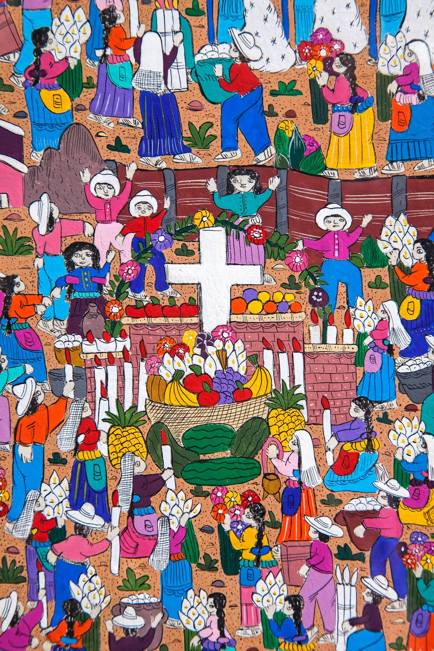 Cadre de peinture d'art populaire mexicain en papier amate Festividades Virgen de Guadalupe / Amate - Gris Abstract Drawing par Alejandro Diaz Nava