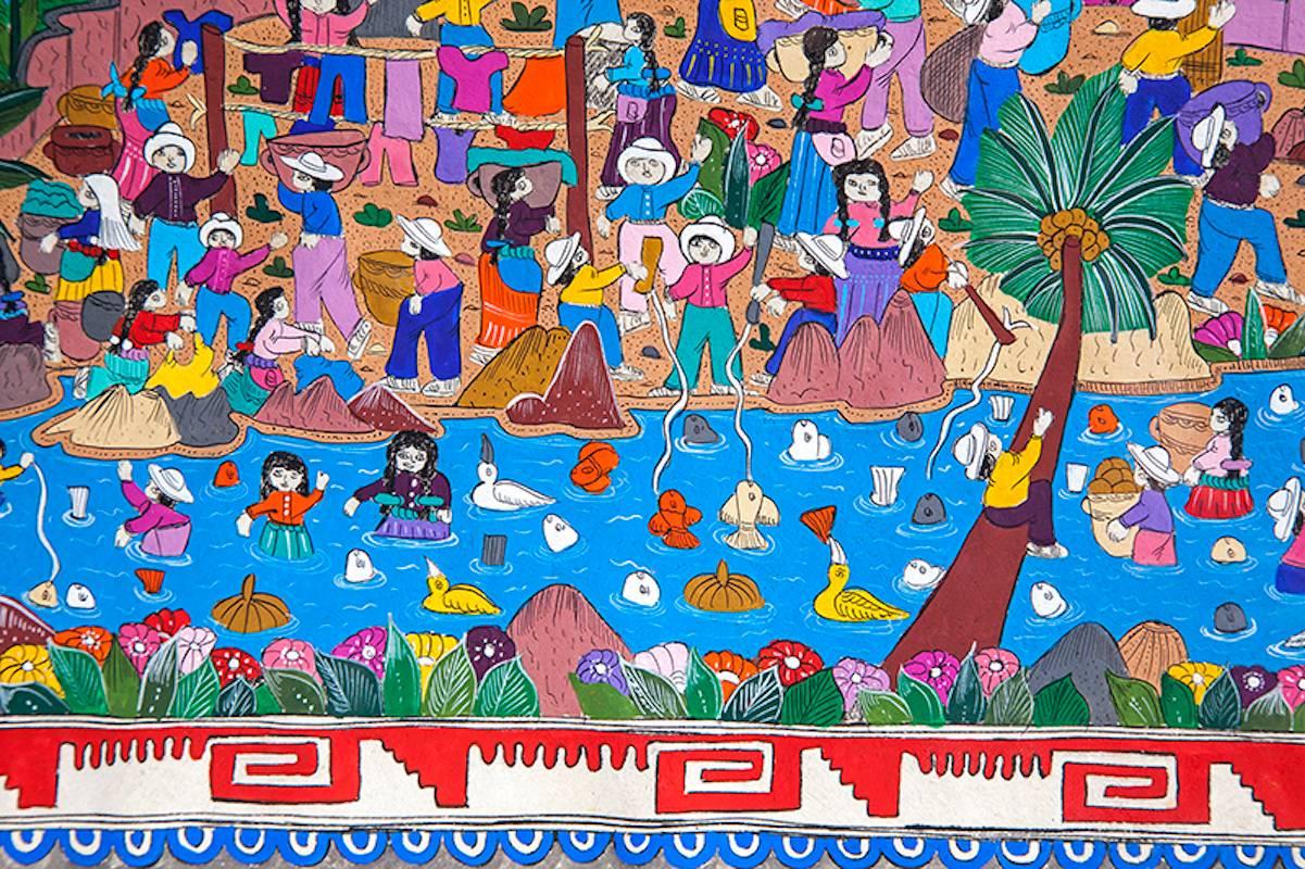 Cadre de peinture d'art populaire mexicain en papier amate Festividades Virgen de Guadalupe / Amate en vente 2