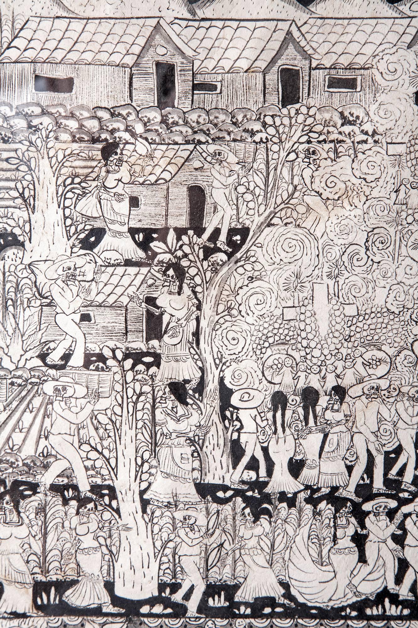 Ofrendas para mis muertos / Amate Paper Mexican Folk Art Painting Frame - Gray Abstract Drawing by Alejandro Diaz Nava