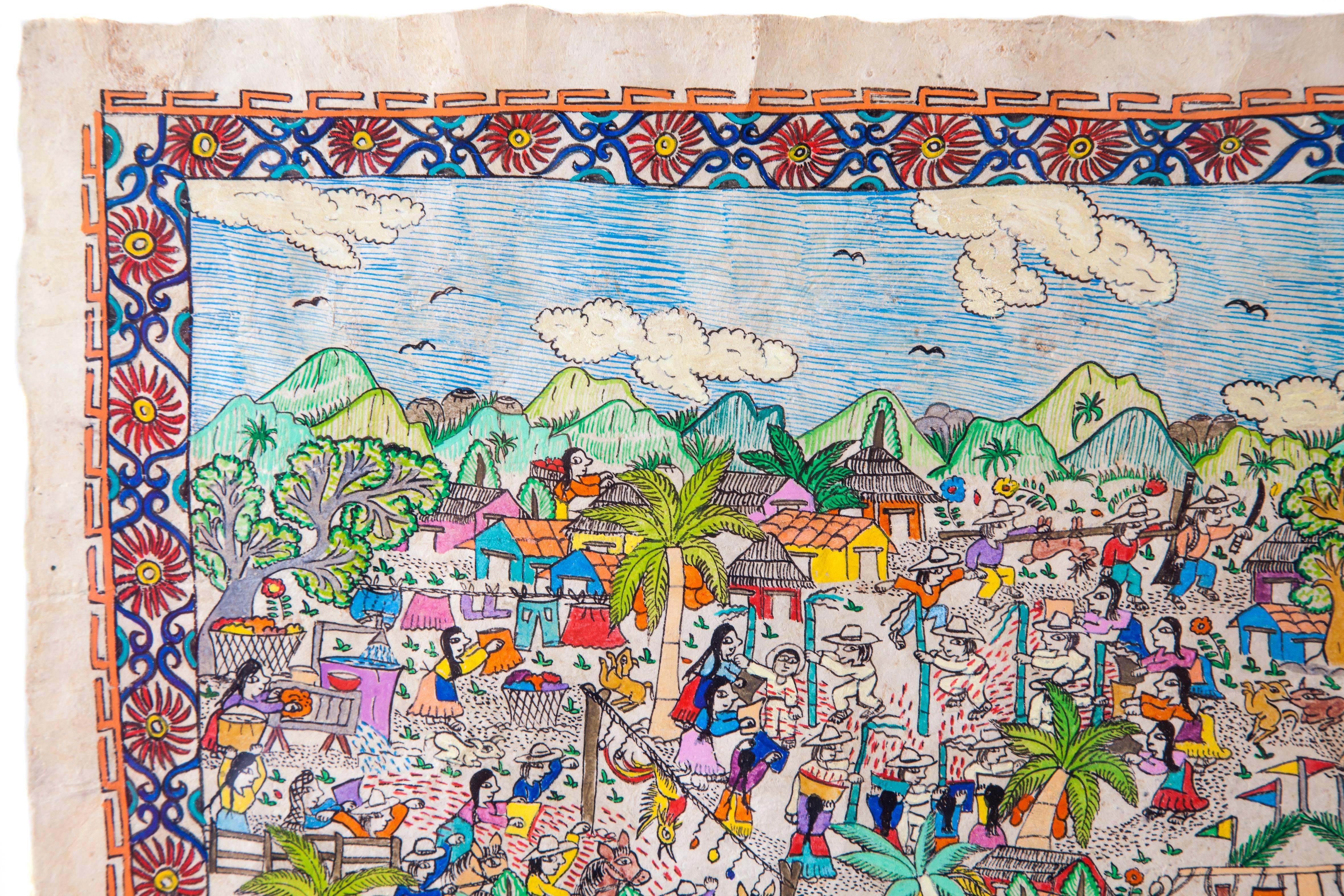 Mi Pueblo / Amate Paper Mexican Folk Art Painting Frame 1