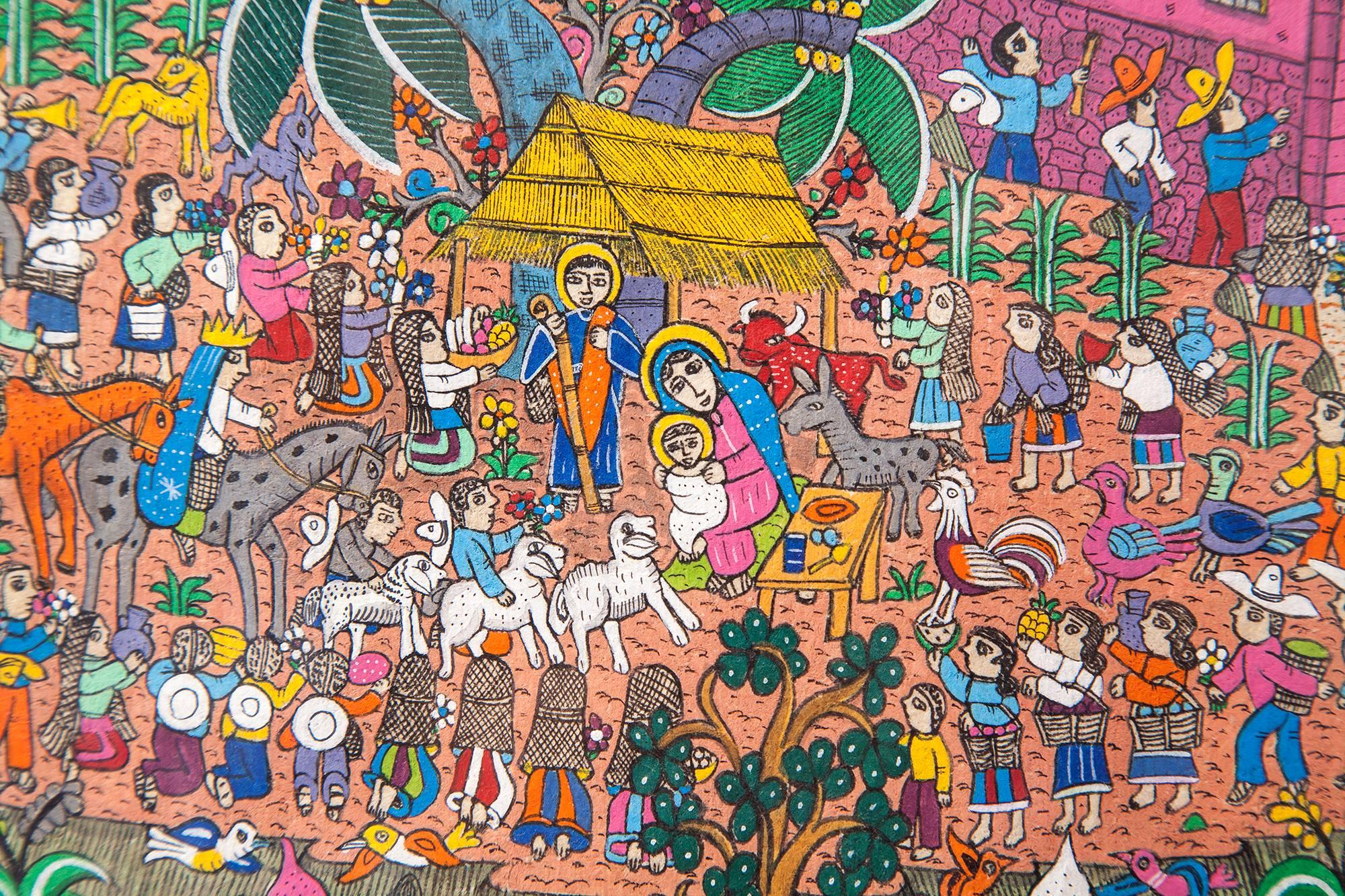 Nacimiento en Xalitla / Amate Paper Mexican Folk Art Painting Frame Nativity 3