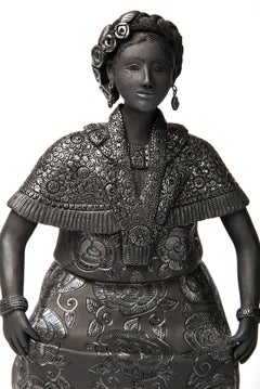6'' Mujer Tehuantepec-Oaxaca / Ceramics Black Clay Mexican Folk Art