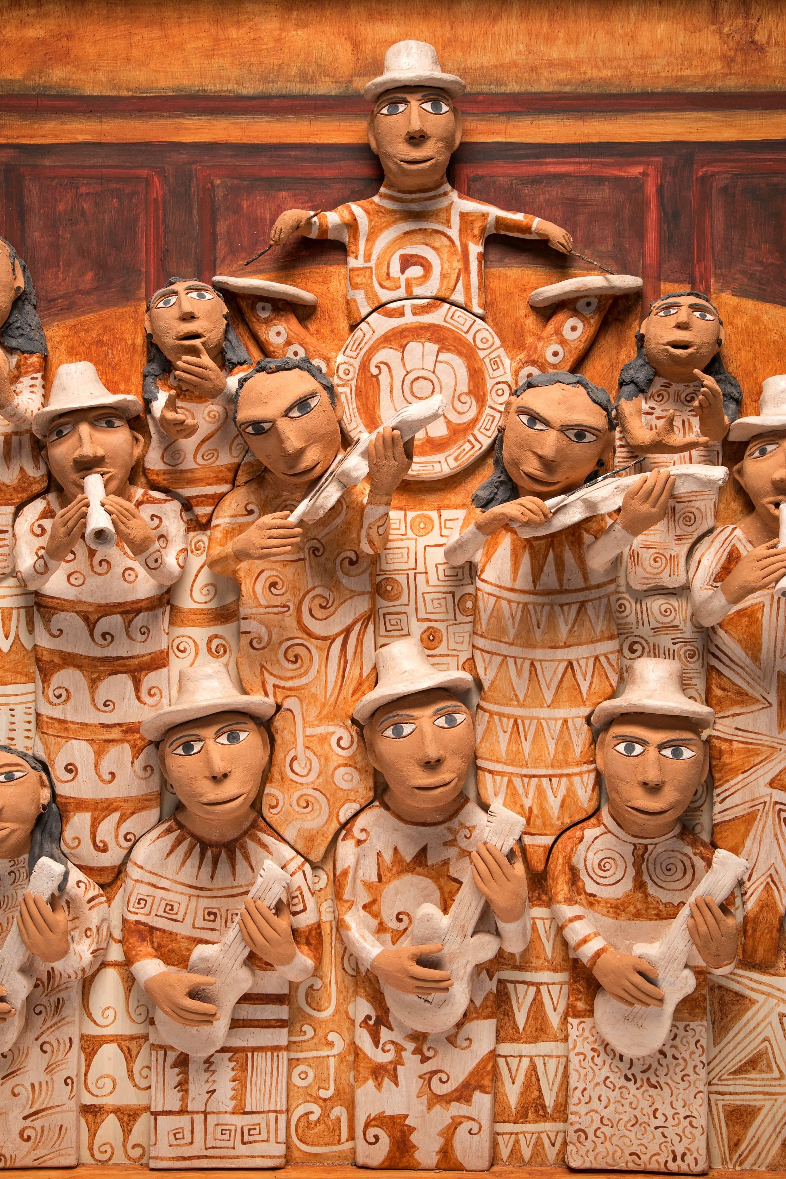 39'' La Banda de Yanhuitlan / Ceramics Mexican Folk Art Clay Frame - Sculpture by Manuel David Reyes Ramirez