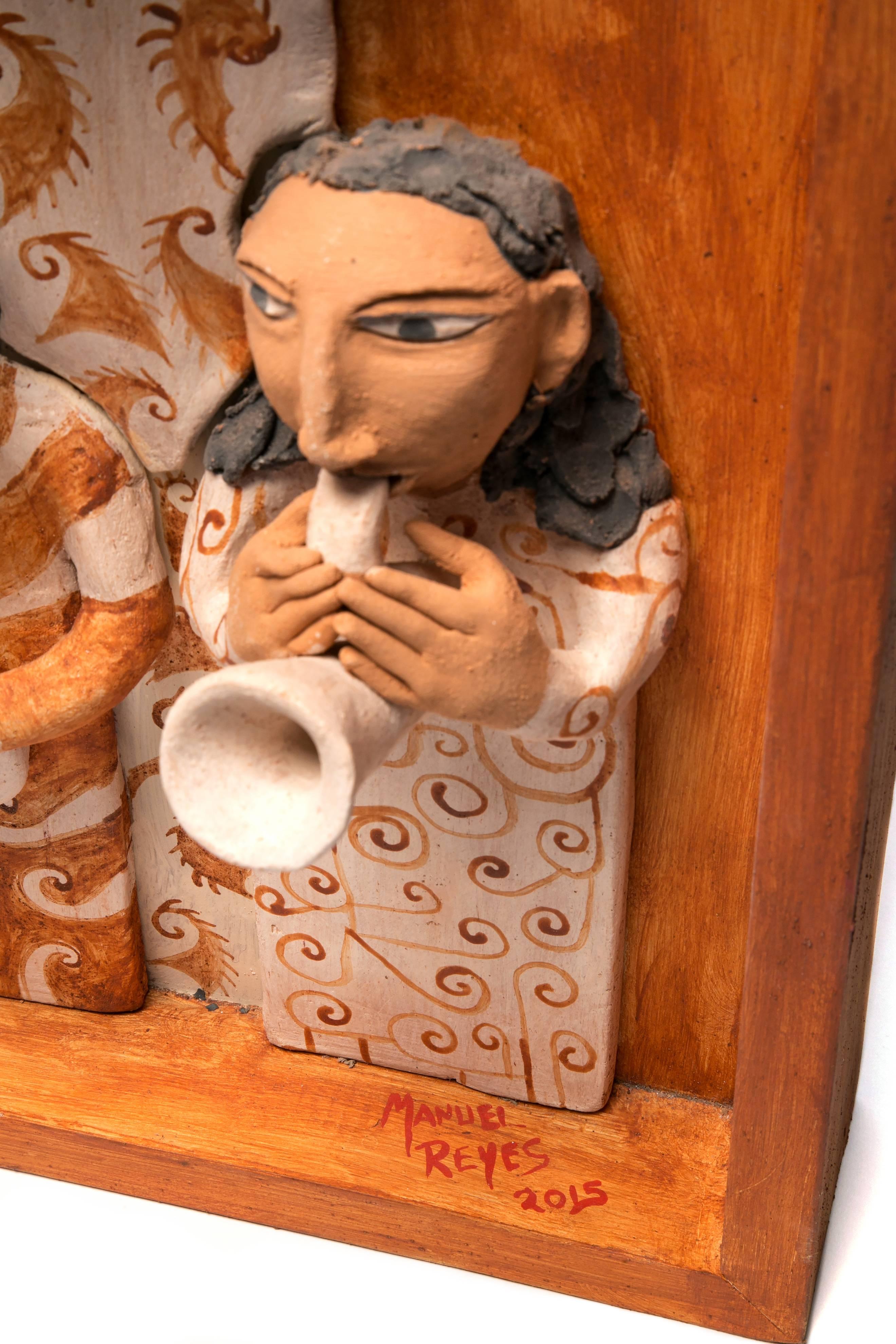39'' La Banda de Yanhuitlan / Ceramics Mexican Folk Art Clay Frame - Brown Figurative Sculpture by Manuel David Reyes Ramirez